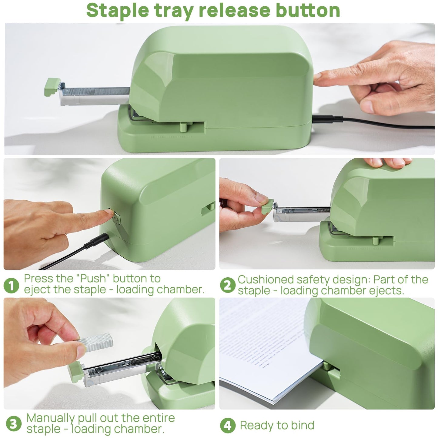 Electric Stapler for Desk Value Pack, 45 Sheet Capacity, Includes 1500 Staples & Staple Remover, No-Jam, Faster Stapling, AC Adapter Powered, Saga Green