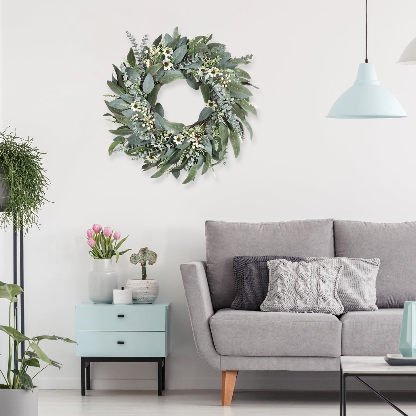 26 Inches Large Eucalyptus Spring Wreaths for Front Door,Artificial Greenery Summer Wreath with Berries White Flower Daisy,Easter Valentines Farmhouse Porch Wall Home Indoor Outdoor Décor