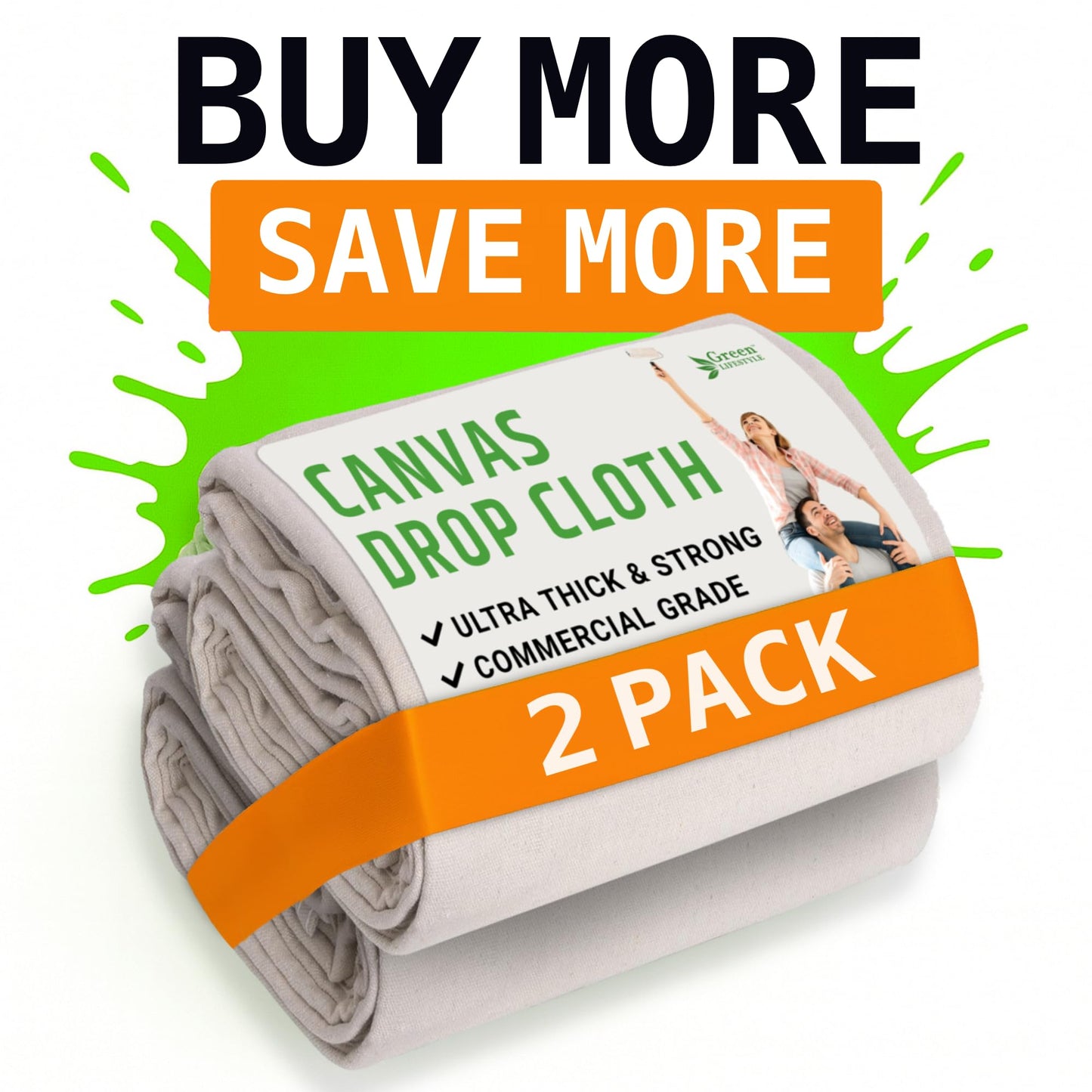 GREEN LIFESTYLE All Purpose Canvas Drop Cloths - Drop Cloth for Painting, Floor Cover, Heavy Duty Protection for Furniture & Surfaces, Reusable Painters Canvas Tarp for Renovation & Home (12x15)