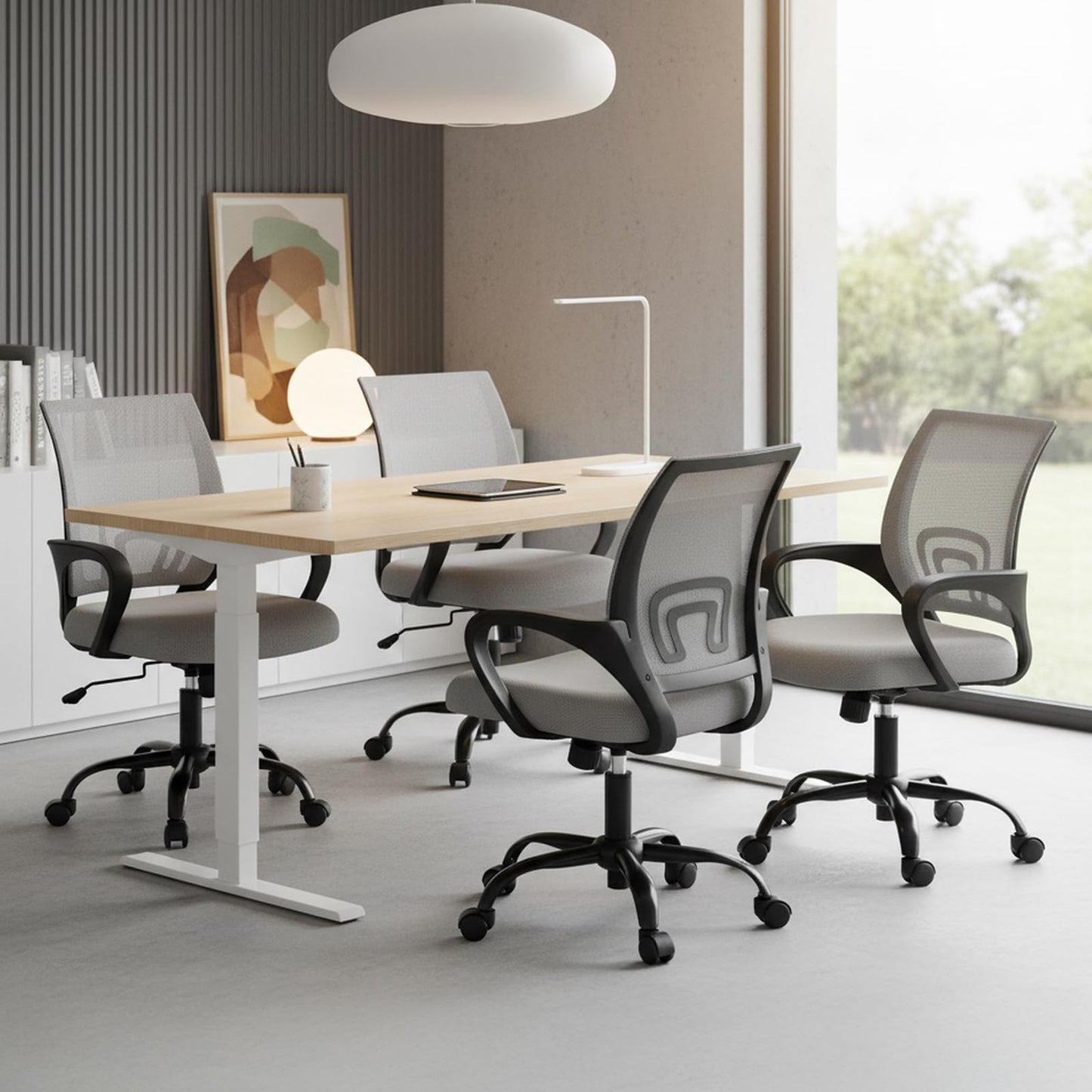 OLIXIS Office Desk Chair - Ergonomic Mid Back with Lumbar Support & Rocking Mode, Height Adjustable with Fixed Armrest, Storage Back for Computer, Gaming, Conference, Meeting Room, 360° Swivel, Grey