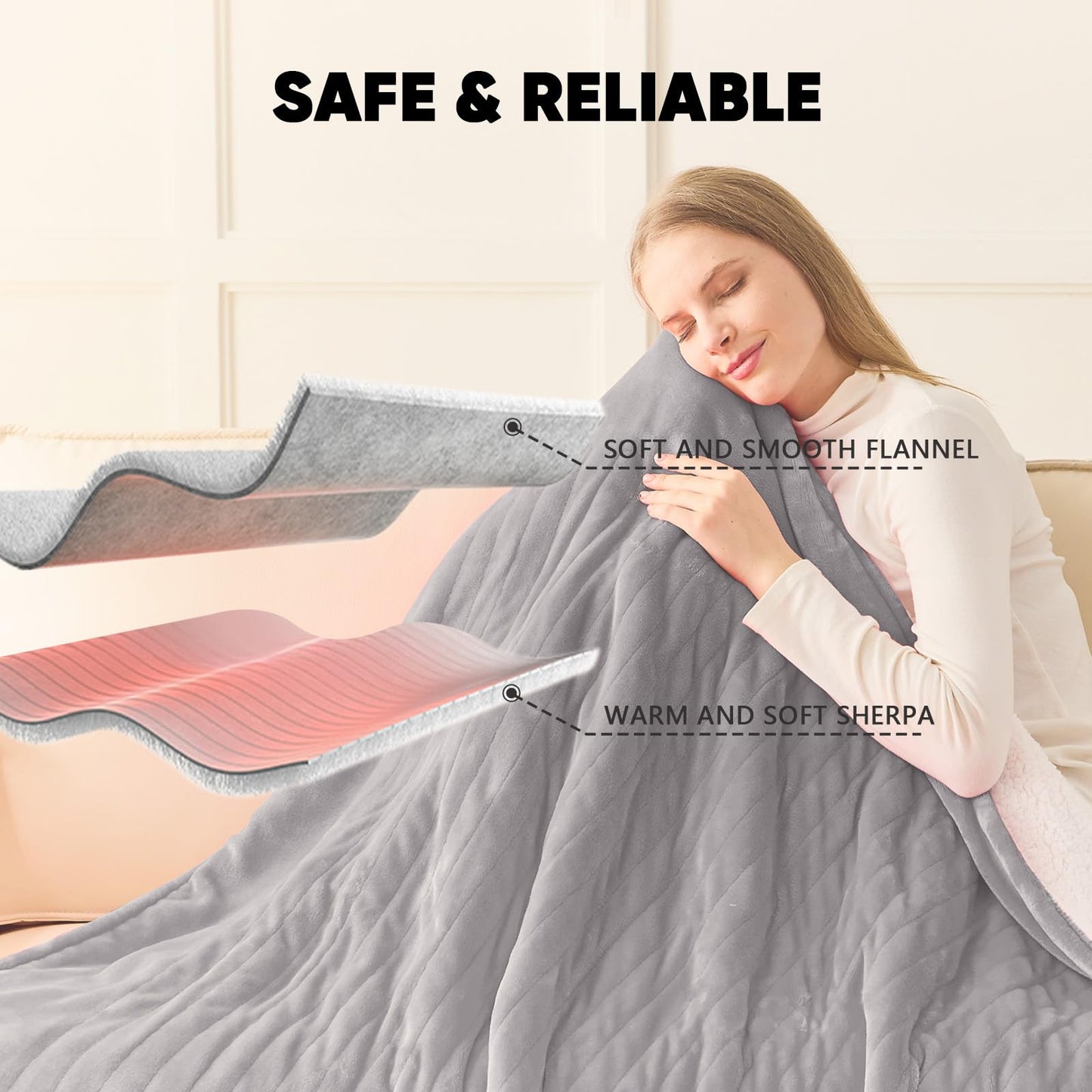 greenoak Heated Blanket Electric Full 72"X84", Heating Blanket with 10 Heat Levels 1/2/4/6/8 Hours Auto-Off, Fleece Soft Christmas Blanket,Gifts for Grandma Seniors Mom,Misty Grey