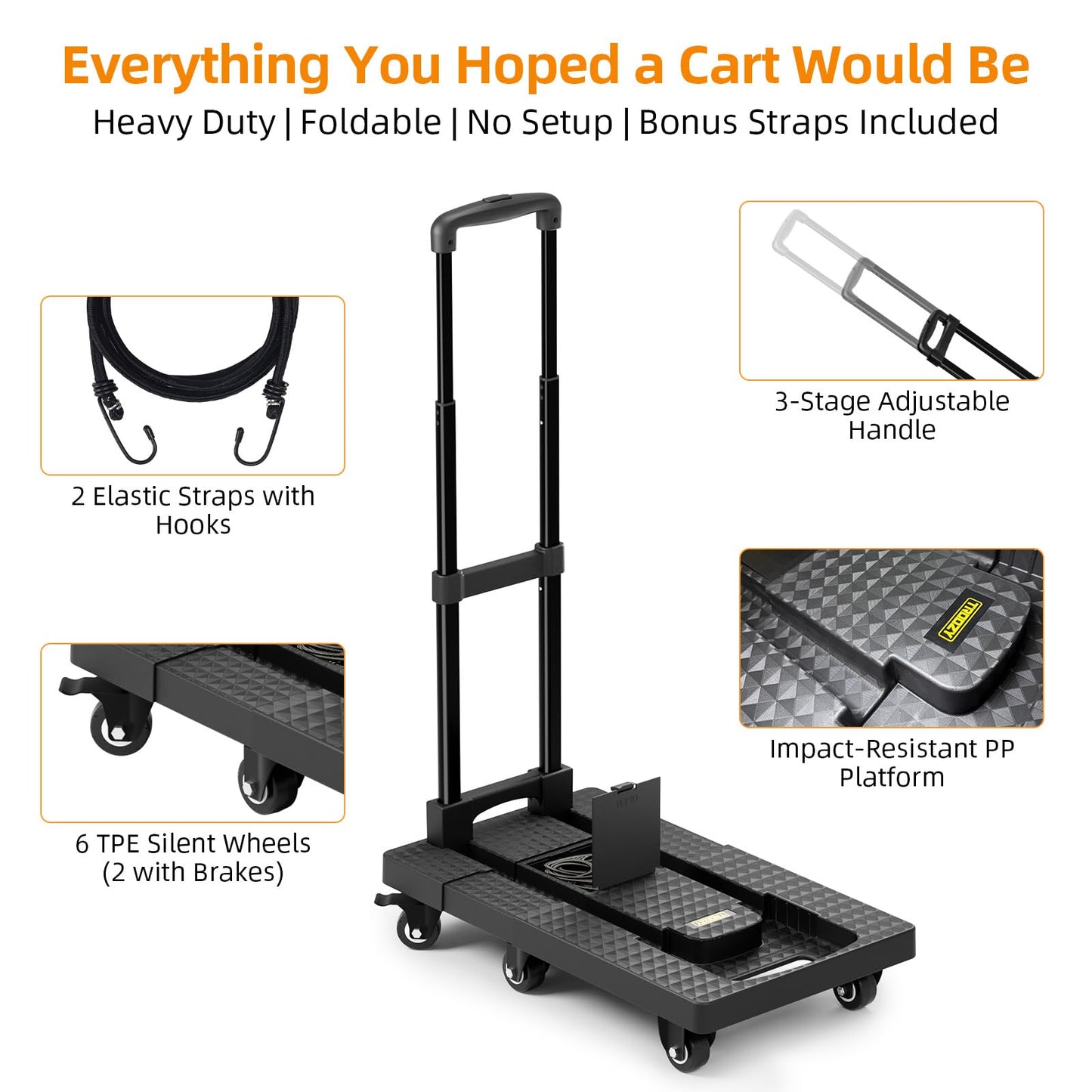 TROOZY Dolly Cart with 6 Wheels 440lbs, Folding Hand Truck with Upright Lock and 2 Elastic Straps, Extendable Heavy Duty Utility Cart for Luggage, Airport, Office & Dorm, Carrito de Carga