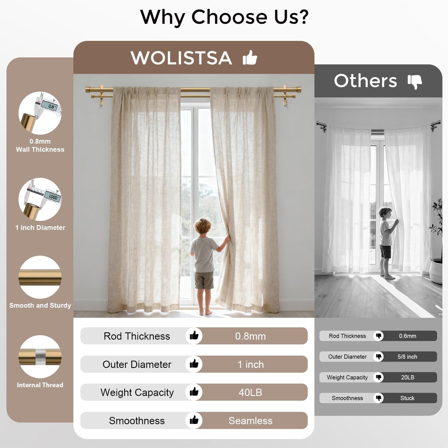 Wolistsa Warm Gold Double Curtain Rod, Brass Dual Curtain Rods for Windows 36 to 76 Inch, 1 Inch Adjustable Heavy Duty Spliced Double Rod, Pro-Plating Process, Aluminium Finials