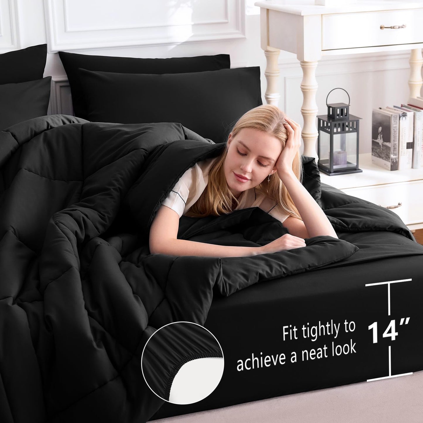 CozyLux Full Size Comforter Sets Black, 7 Pieces Bed in a Bag, Black Comforter Full Size, All Season Bedding Sets with Stitch Quilted Comforter, Flat Sheet, Fitted Sheet, Pillowcases