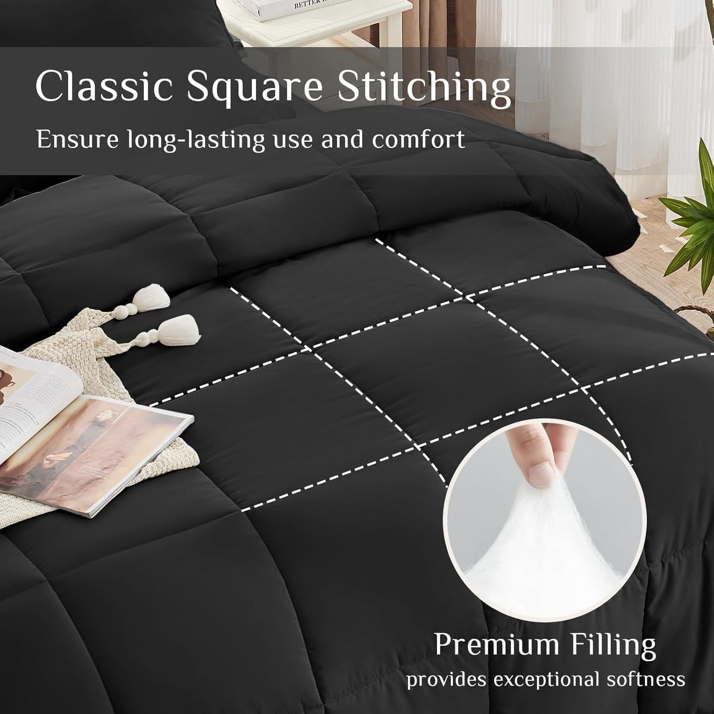 JOLLYVOGUE King Comforter Set, Ultra-Soft Bed in a Bag King Size 7 Pieces, Oeko-TEX Certified Bedding Set with Down Alternative Comforter, Sheets, Pillowcases & Shams, Black