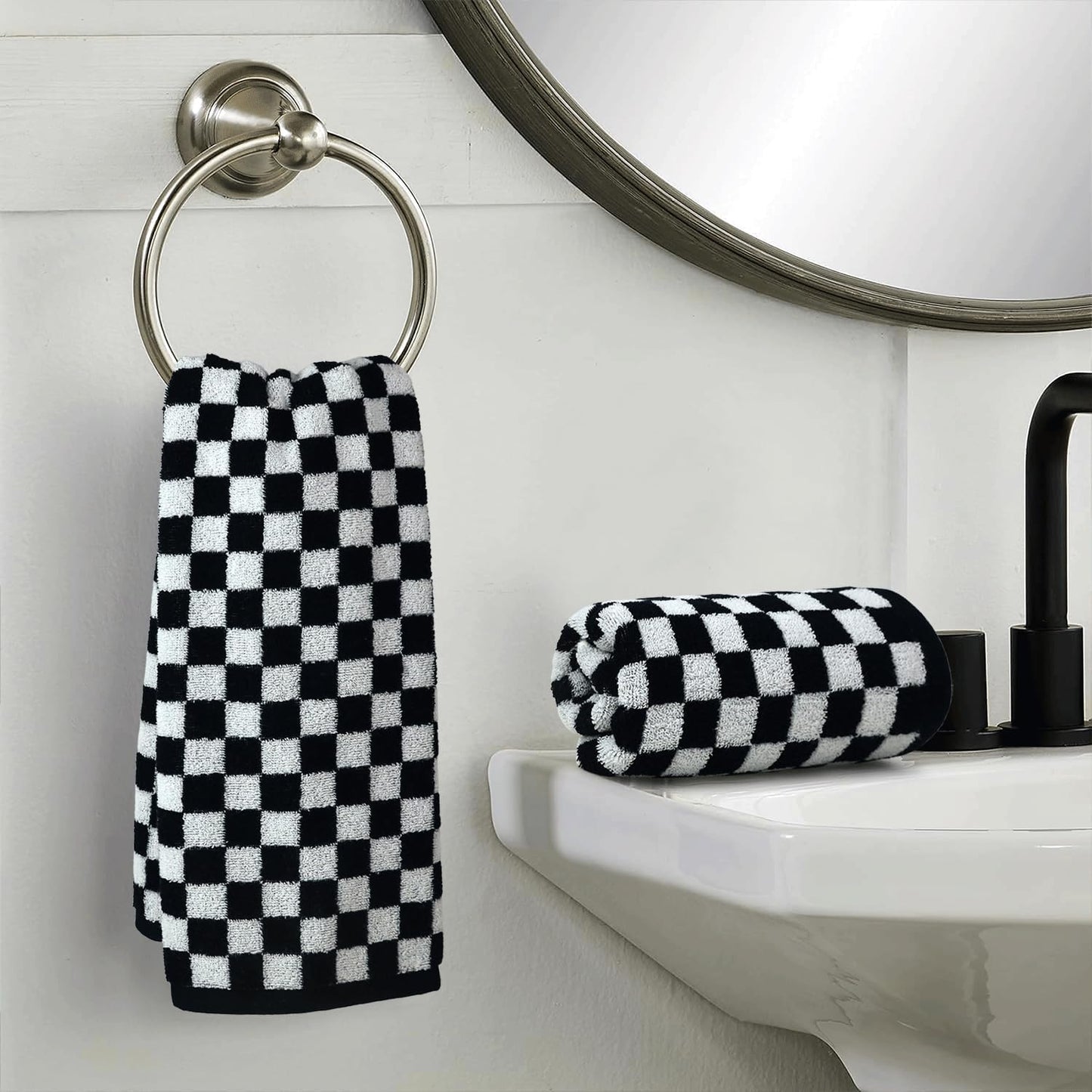 Jacquotha Black and White Hand Towels 4 Pack, Cotton Decorative Bathroom Hand Towels & Checkered Kitchen Decor, 13" x 29"