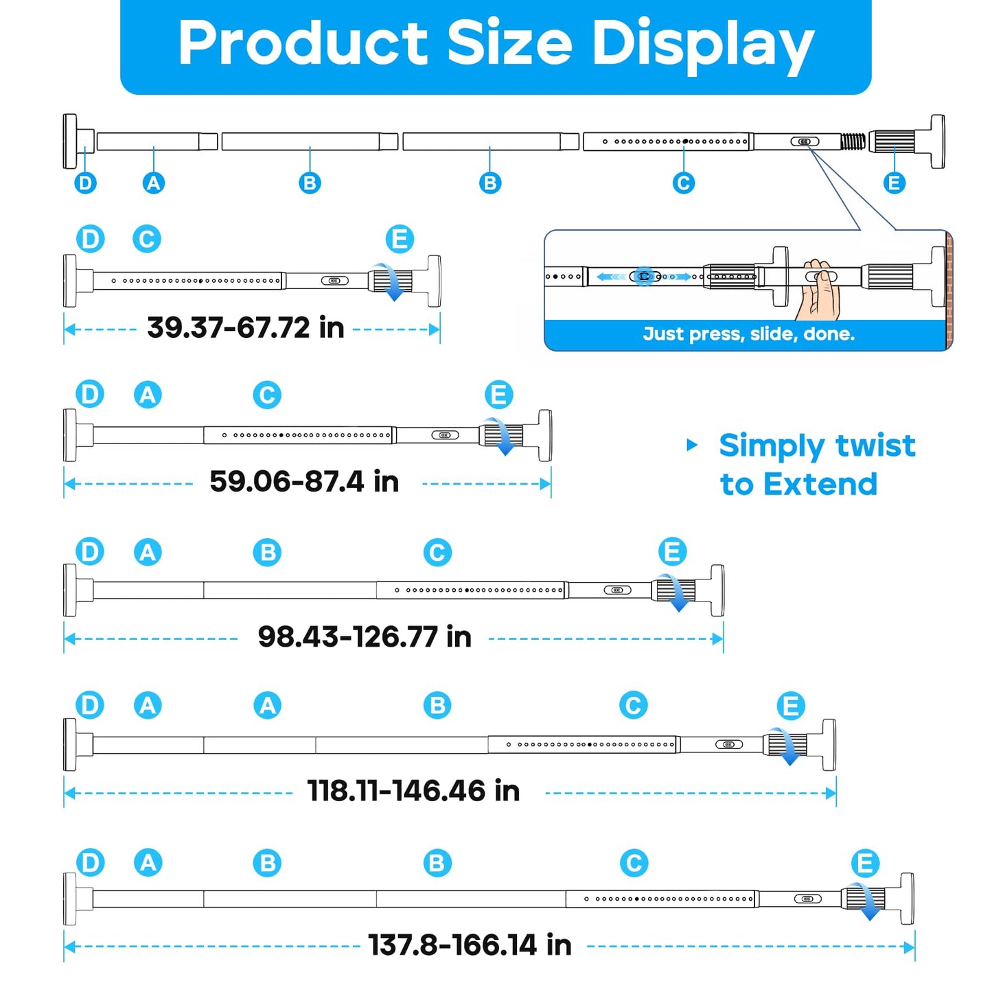 ZipGlo Tension Curtain Rod，40-166IN(3.33-13.83Ft) One-Click Fast Extension Rod Easy to Install White Long Outdoor Curtain Rods No Drilling Never Rust for Window or Shower Patio Diameter 1.26 Inches