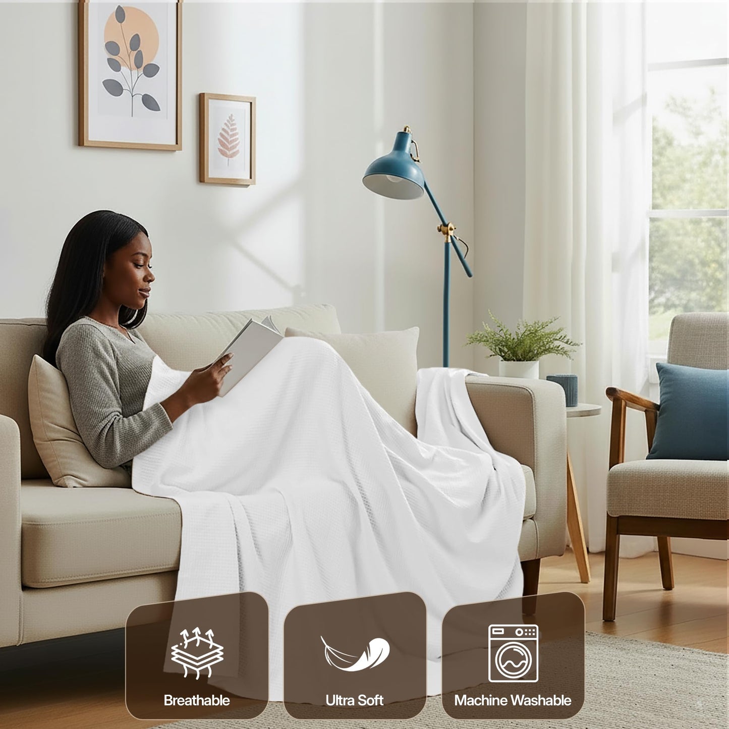 Utopia Bedding White Waffle Blanket Queen Size Soft Lightweight Breathable Cotton Blend Bed Blanket for All Seasons Luxury Throws for Bed Couch and Sofa
