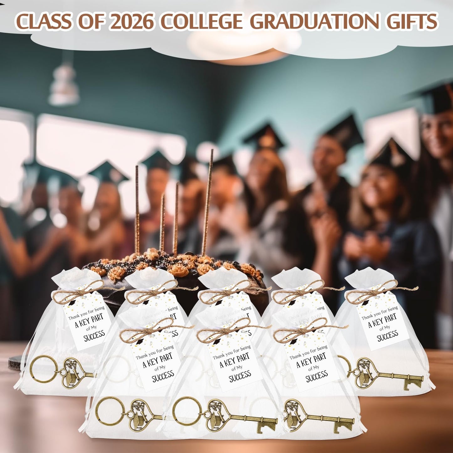Misdary 50 Sets Graduation Party Favor for Guest 2026 Graduation Cap Bottle Opener Keychains with Thank You Card Organza Bags Class of 2026 College Celebration Party Supplies (Bronze)