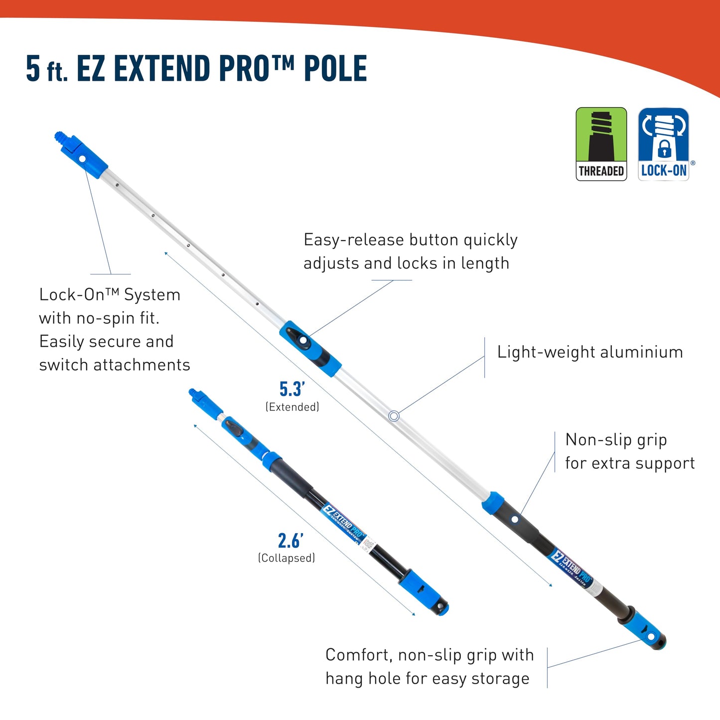 Unger Professional Lock-On EZ Extend Pro Telescopic Pole, Extension 2.6’ to 5.3’, Telescoping Pole for Floor & Surface Cleaning, Use with Lock-On Brushes and Broom Head Cleaning Tools, Indoor/Outdoor