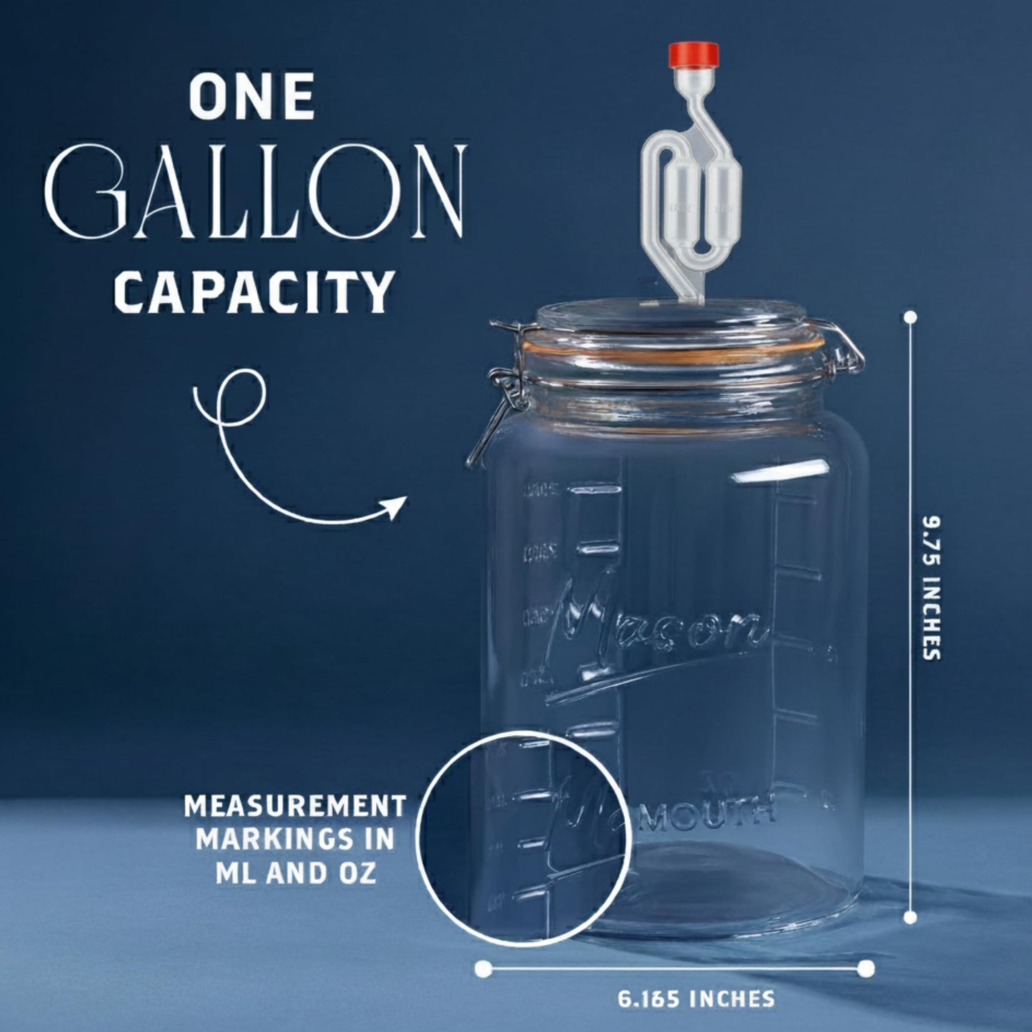 kitchentoolz 2-Pack 1-Gallon Mason Glass Fermenting Jars with Airlock Lids – Wide Mouth with Ounce & Milliliter Markings for Mead, Kombucha, Beer, Wine & Pickling