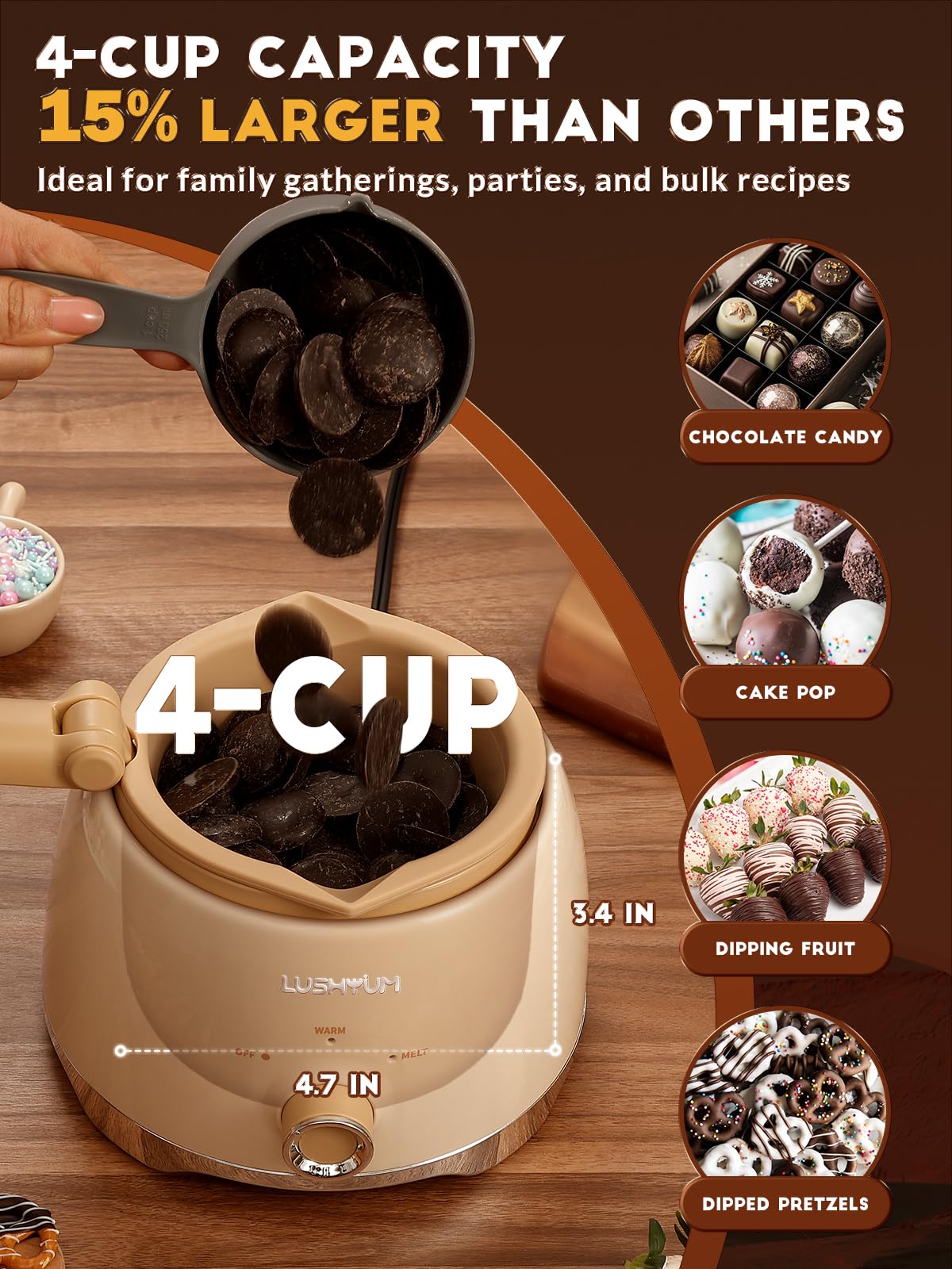 LUSHYUM Chocolate Melting Pot Candy Melts Melter with 2 Insert Pots and Spatula, 4 Cups Capacity Warmer Machine, Ideal Dipping Tool Kitchen Supplies for Making Cake Pop Covered Strawberries Fondue
