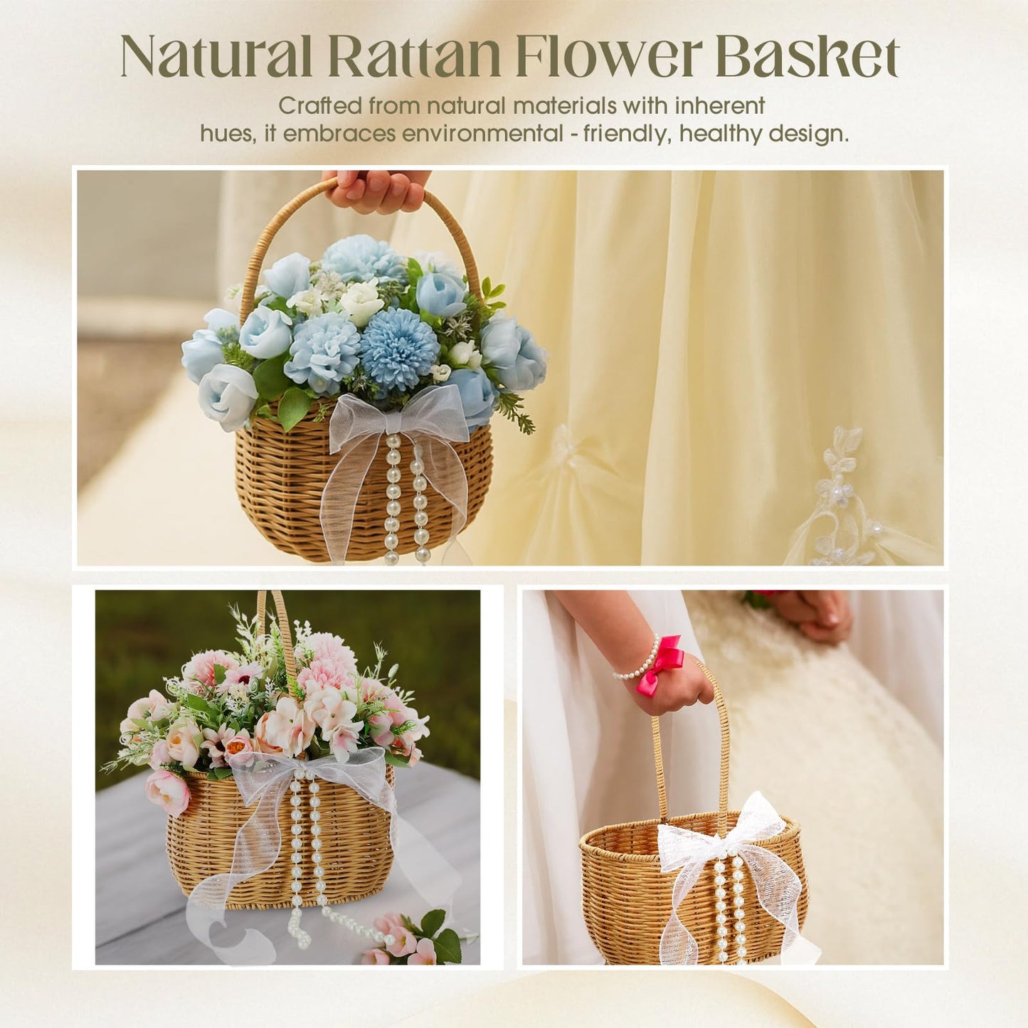 SiliFine 2 Pcs Wicker Rattan Flower Girl Basket with Bows and Pearl 11.8x8.7x5.1 Inches Rustic Wedding Basket for Flower Girl, Hand Woven Willow Storage for Ceremonies Home Decoration (Classic)