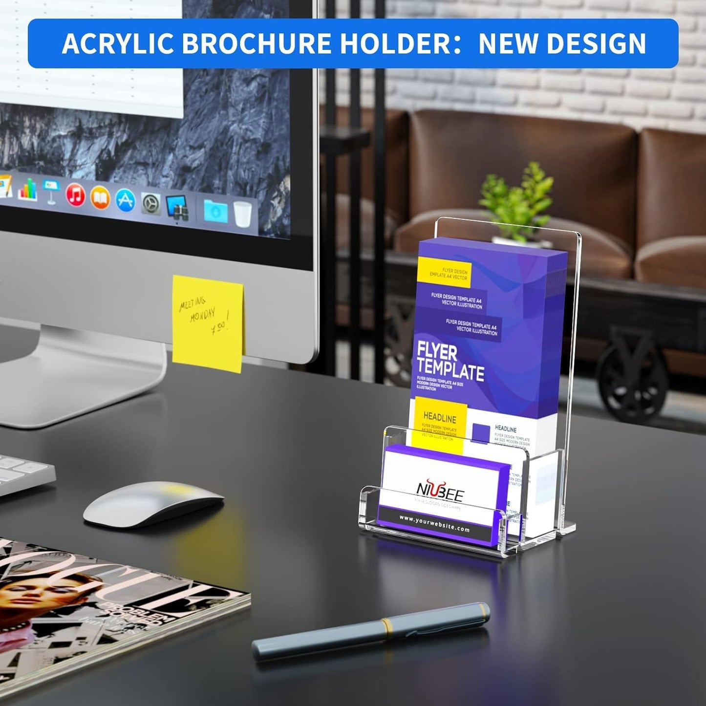 NIUBEE 6-Pack Acrylic Brochure Holder 4‘’ , Clear Brochure Display Stand with Acrylic Business Card Holder, Plastic Flyer Display Stand for Magazine, Pamphlet, Booklets, Menu, Journals, Business Card