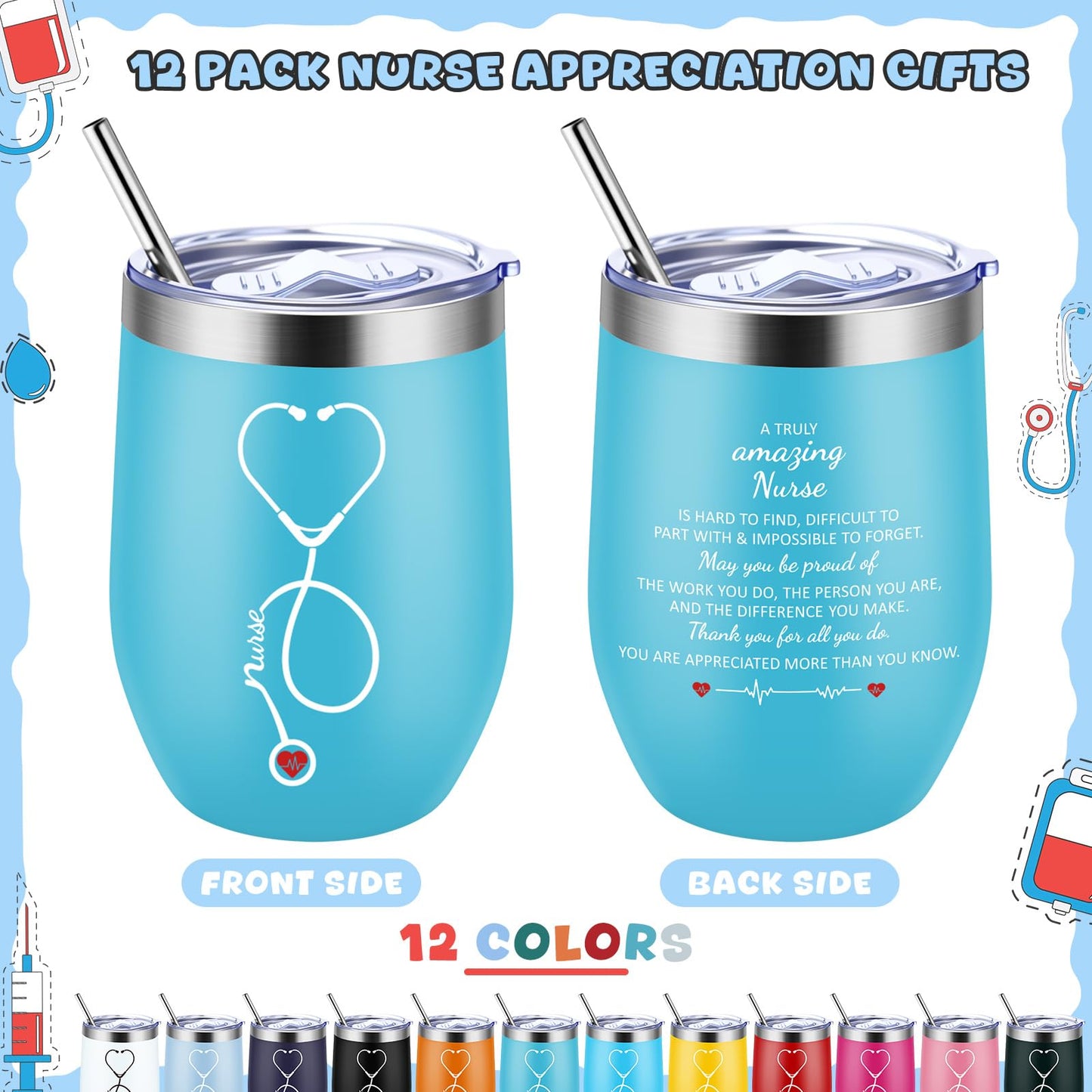 Skylety 12 Pack Nurse Gifts for Women Nursing Appreciation 12 oz Stainless Steel Wine Tumbler with Lid Insulated Coffee Mug Thank You Gift for RN Students Graduation Nurse Week School (12 Colors)