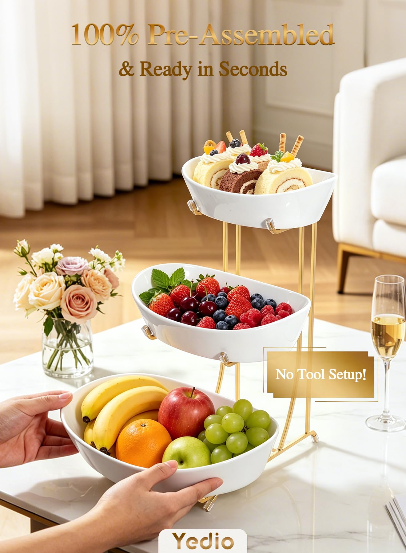 Yedio 3 Tier Fruit Bowl for Kitchen Counter, No Assembly Required Ceramic Fruit Basket with Metal Stand, Tiered Fruit Stand for Countertop for Fruit, Veggies, Snacks, Cake & Desserts