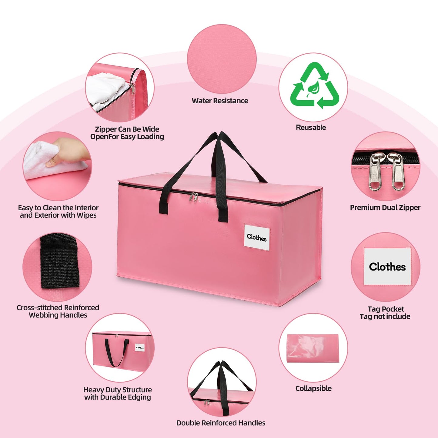 YEUEYS 6 Pack Extra Large Heavy Duty Moving Bags with Reinforced Zipper & Wide Carrying Handles, Durable Storage Totes for Clothes Packing, College Dorm, Travel & Home Organization, Pink
