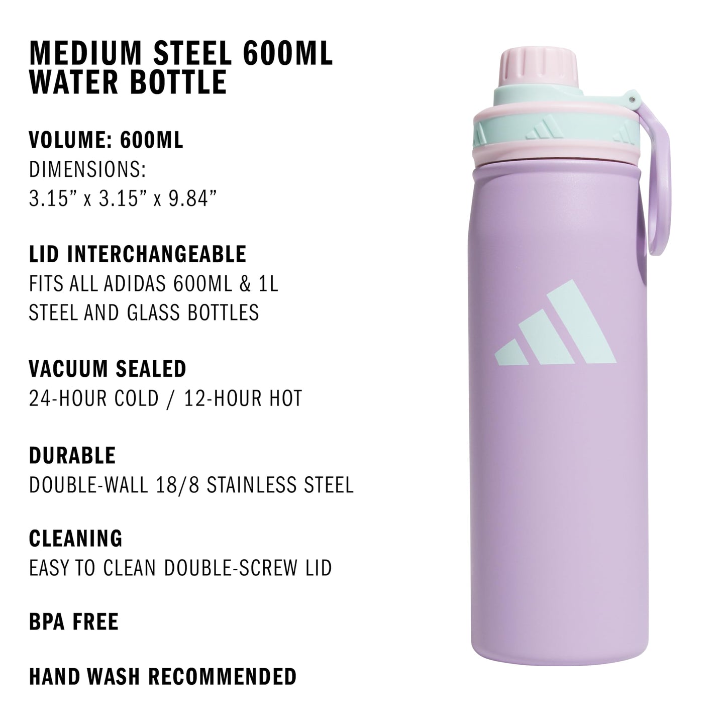 adidas Stainless Steel Metal Water Bottle 20 oz (600 mL) Screw Cap