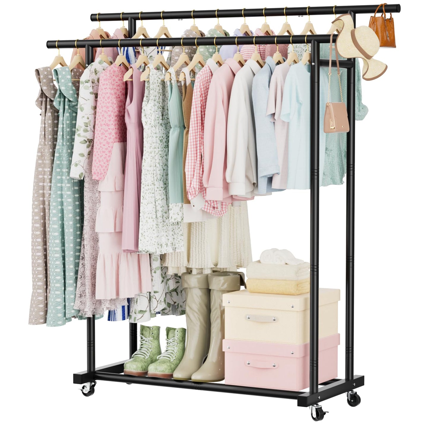 Abiglifty Double Rods Clothes Rack for Hanging Clothes, Clothing Rack with Wheels, Portable Closet Organizer for Laundry, Room (Black