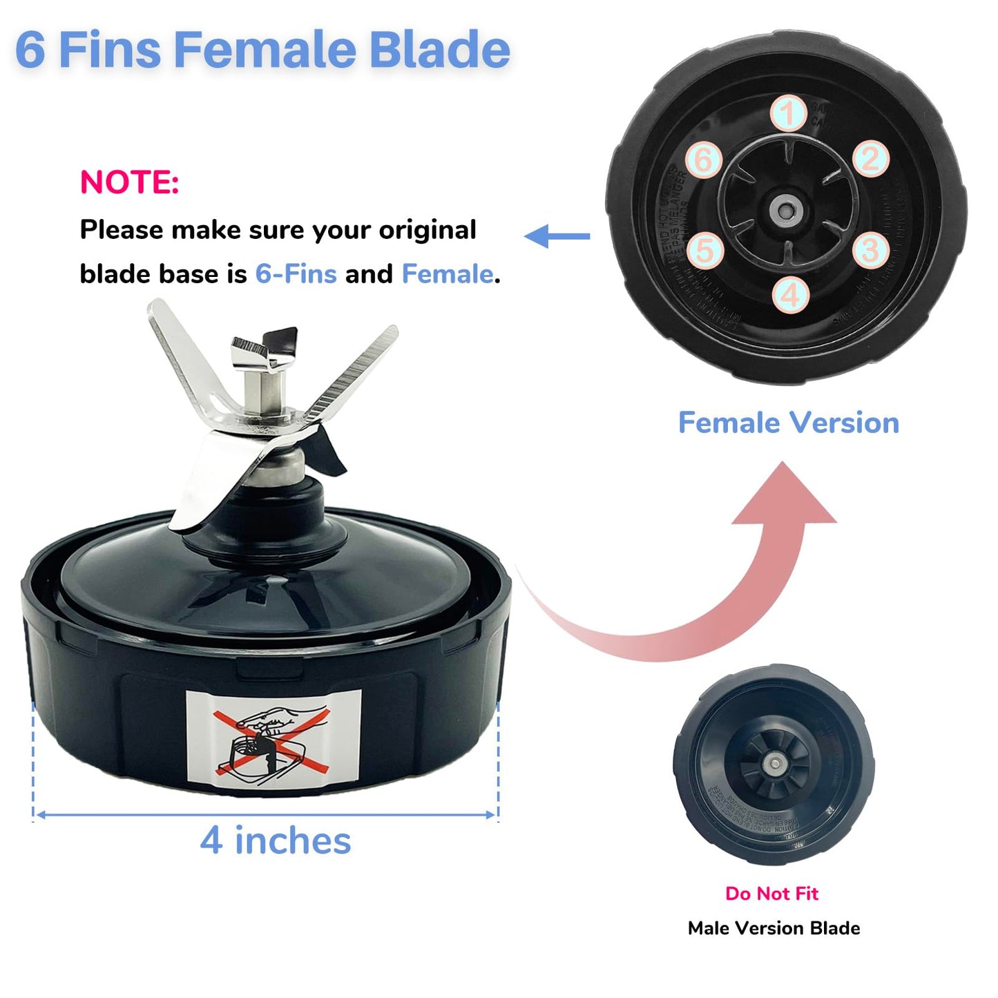 Blender 24 oz Cups with Lids & 6 Fins Female Blade Replacement Parts for Ninja, Extractor Blade for Nutri Ninja Auto iQ BL480D 30 DOB, BL450 69, BL456 70, BL480 70, BL455 30 DOB, BL482 30 DOB