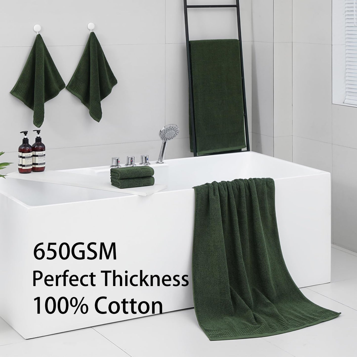 YTYC Bath Towels Set of 6, 100% Cotton, 650GSM, Ultra Soft Highly Absorbent, 2 Bathroom Towels 27.5x55 Inches, 2 Hand Towels, 2 Washcloths, Perfect for Bathroom, Gym, Spa, Olive Green