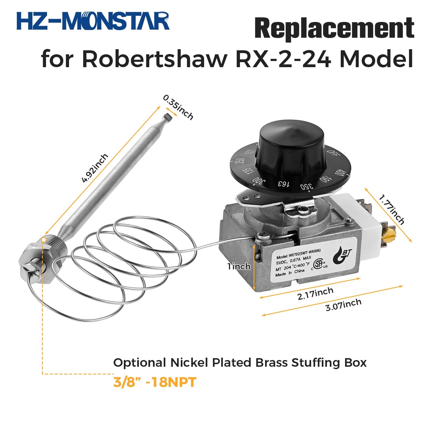 HZ-MONSTAR RX-2-24 Thermostat for Deep Fryer, Minivolt Thermostat Control for Fryer 3/8" Mpt Stuff Box Compatible with ADCRAFT Parts Fits Gas Fryer Adcraft Atosa 301030004 Robertshaw 5300-402 200-400F