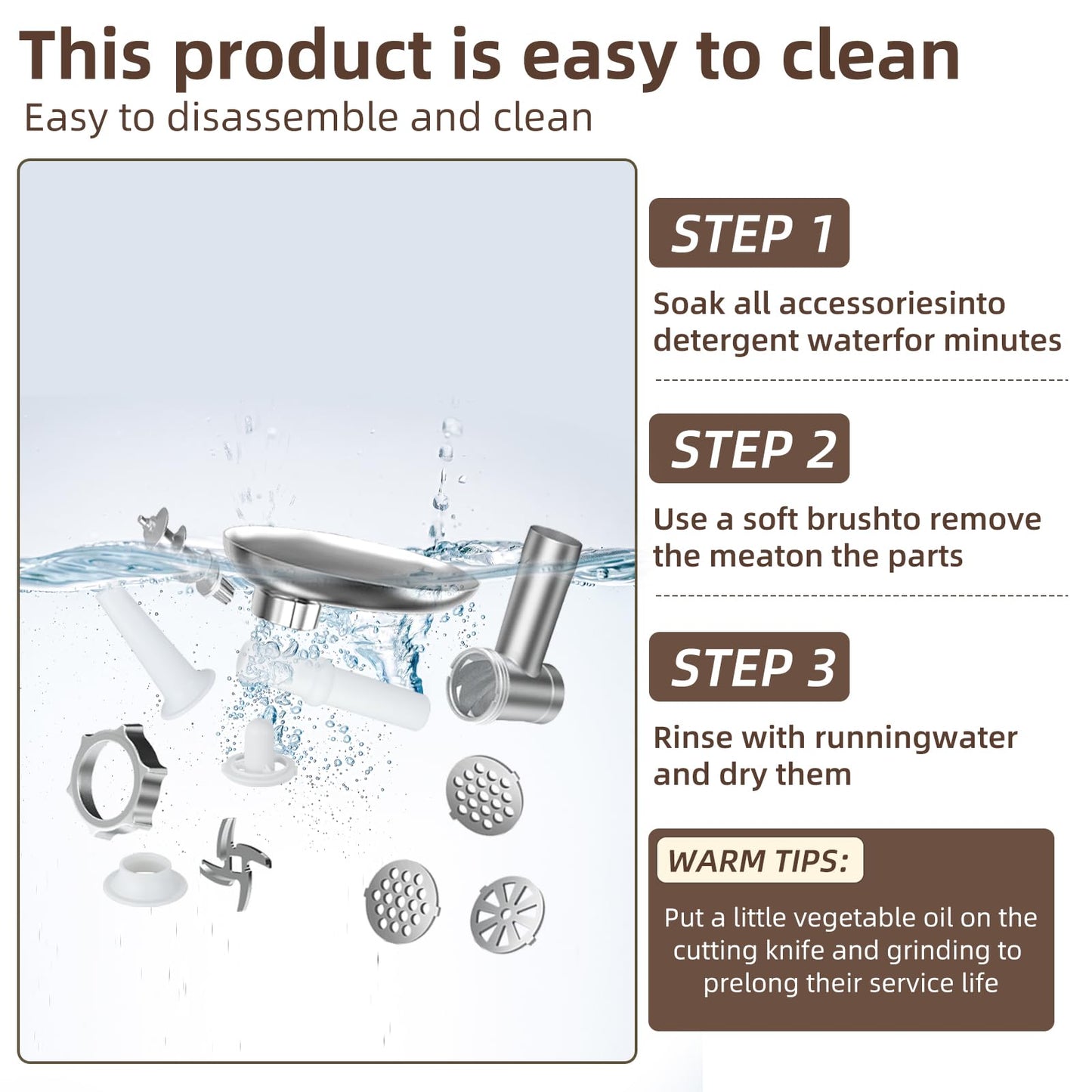 GELANGS Electric Meat Grinder, 350W （MAX2800W）Heavy Duty Stainless Steel Food Grinder with Sausage Stuffer Tubes & Kubbe Kit, 3 Grinding Plates for Home Kitchen Use