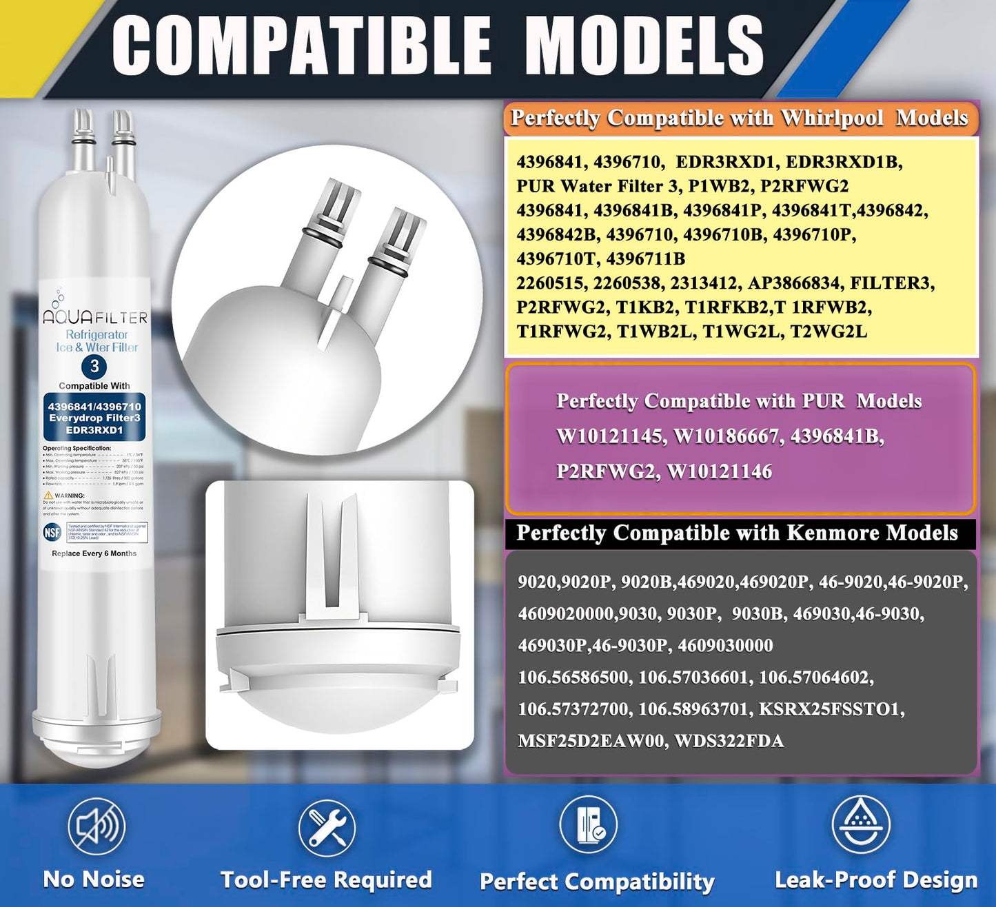 FILTER3 4396841 Refrigerator Water Filter Replacement Compatible with 4396841 4396710 EDR3RXD1 EDR3RXD1B Filter 3 P1WB2 P2RFWG2, 46-9030, Pur W10121145 W10121146 (4-PACK)
