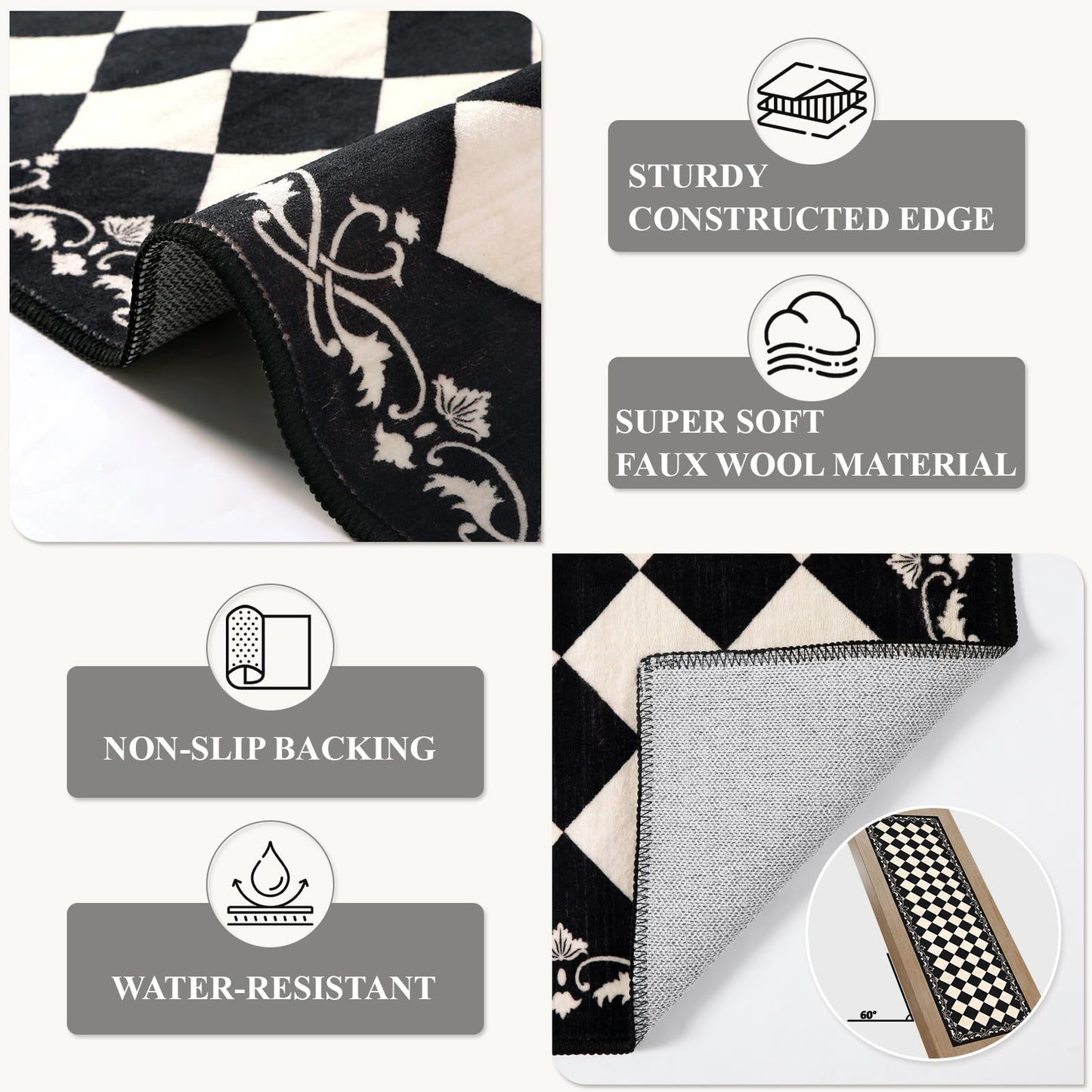Beeiva Checkered Black Runner Rug for Hallway 2.5x8, Washable Runner for Entryway Bathroom Ultra Thin Non Slip, Moroccan Stain Resistant Print Kitchen Rug 8ft, Plaid Carpet for Besides Laundry Decor