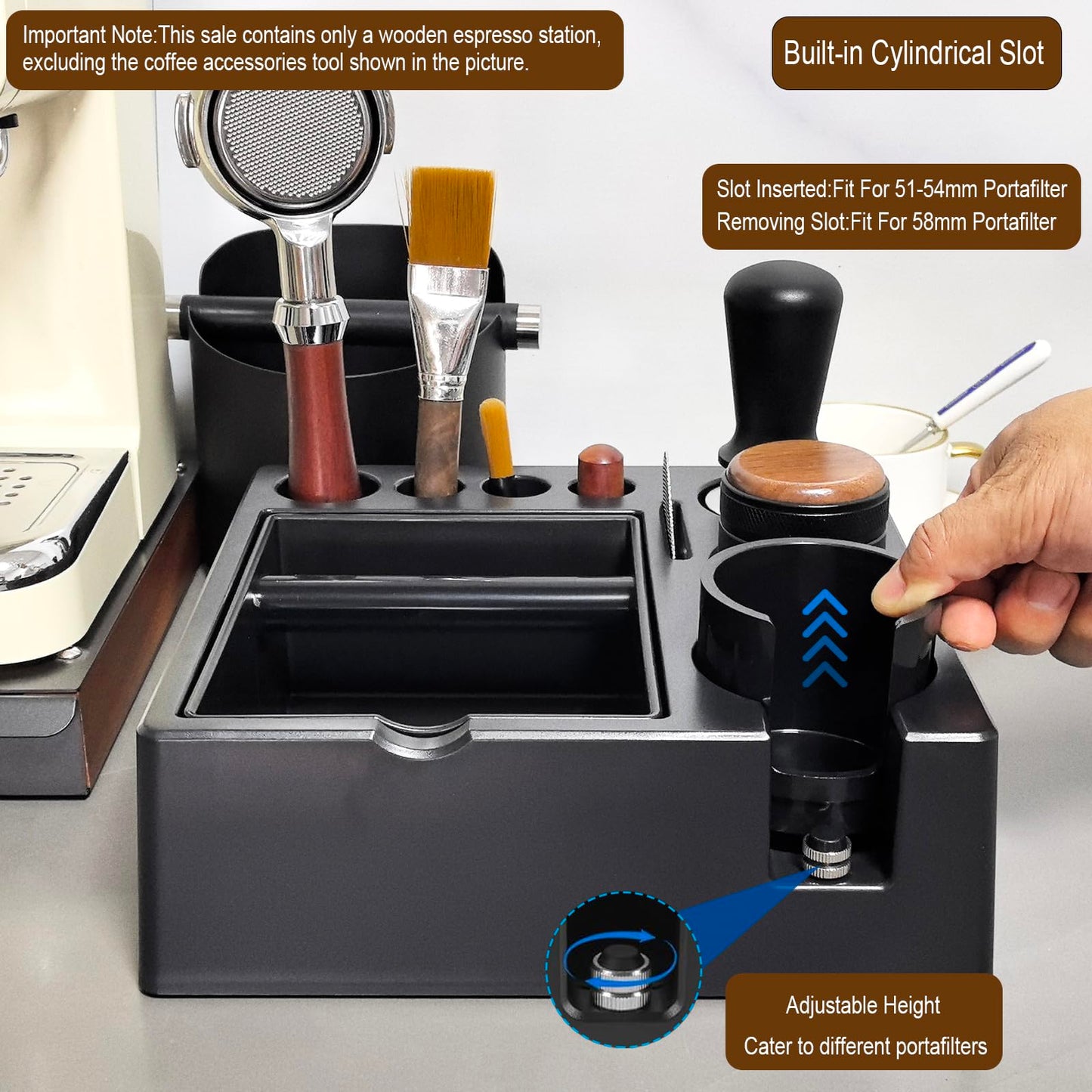 Espresso Tamping Station And Knock Box,ALL in 1 Espresso Organizer Station,Multifunctional Tamper Station Fit for 51/54/ 58mm Espresso Accessories,Removable Knock Box Espresso Station (Black, 51-58mm)