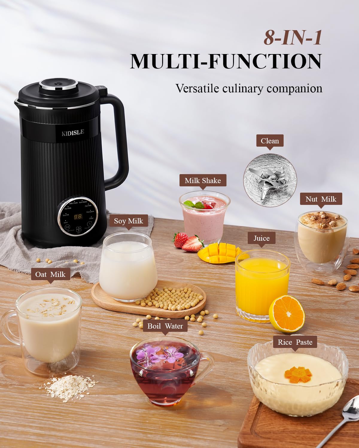 KIDISLE 32oz Automatic Soy Machine for Homemade Almond, Oat, Coconut, Soy, Plant Based Milks and Non Dairy Beverages with Delay Start/Keep Warm/Self-Cleaning/Boil Water, Black