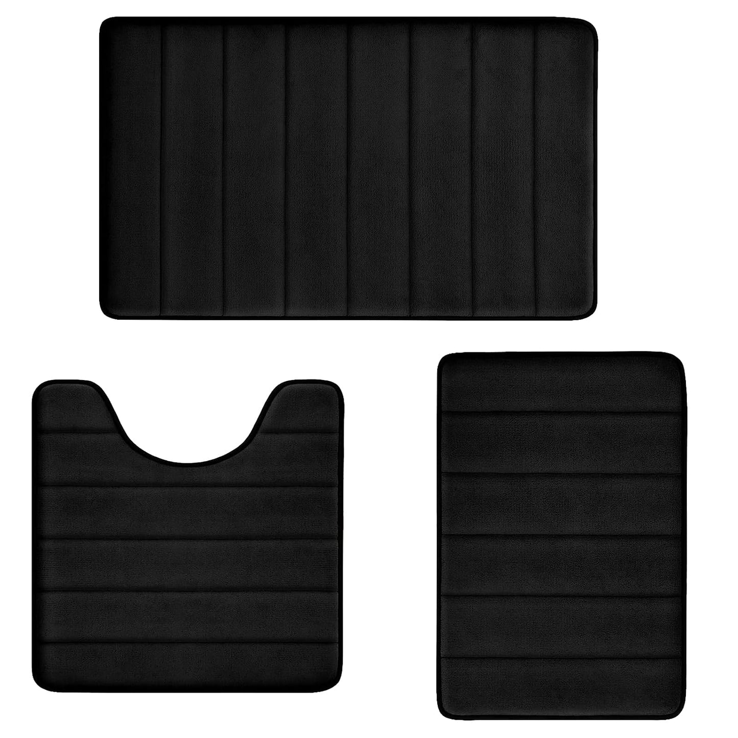 Bathroom Rugs Set Memory Foam Bath Rugs Non-Slip Bath Mat Set 3 Piece,Washable Bathroom Mats,Absorbent Shaggy Rugs Super Soft U-Shaped Toilet Rug,Bahroom Carpets for Bathroom,Tub,Shower（Black）