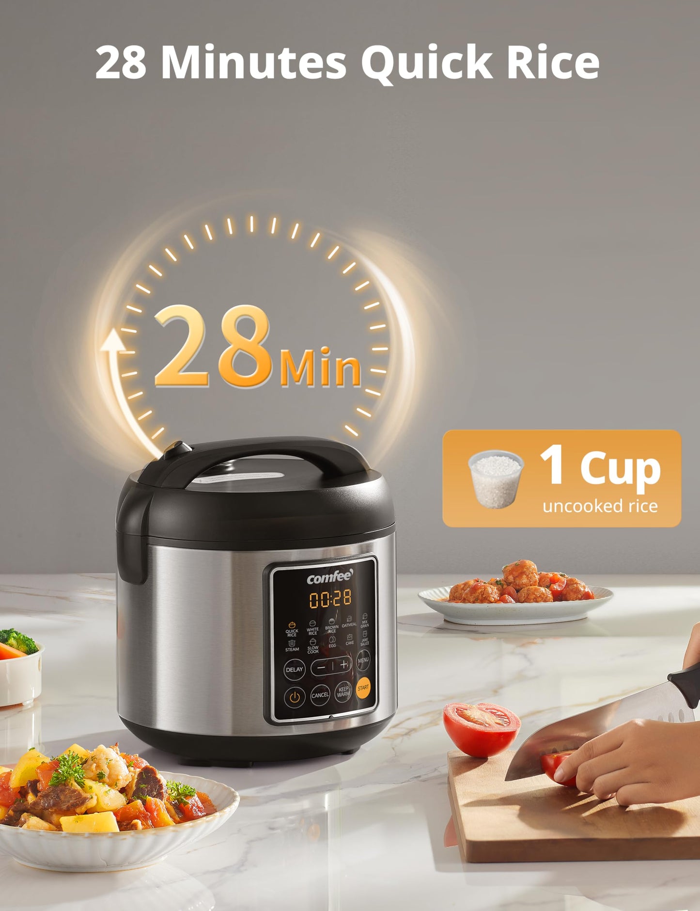 COMFEE' Rice Cooker, 4 Cups Uncooked, 8 Cups Cooked Slow Cooker, 2 Qt Small Multicooker with 10 Presets, Steamer & Grain Cooker, Non-Stick Inner Pot