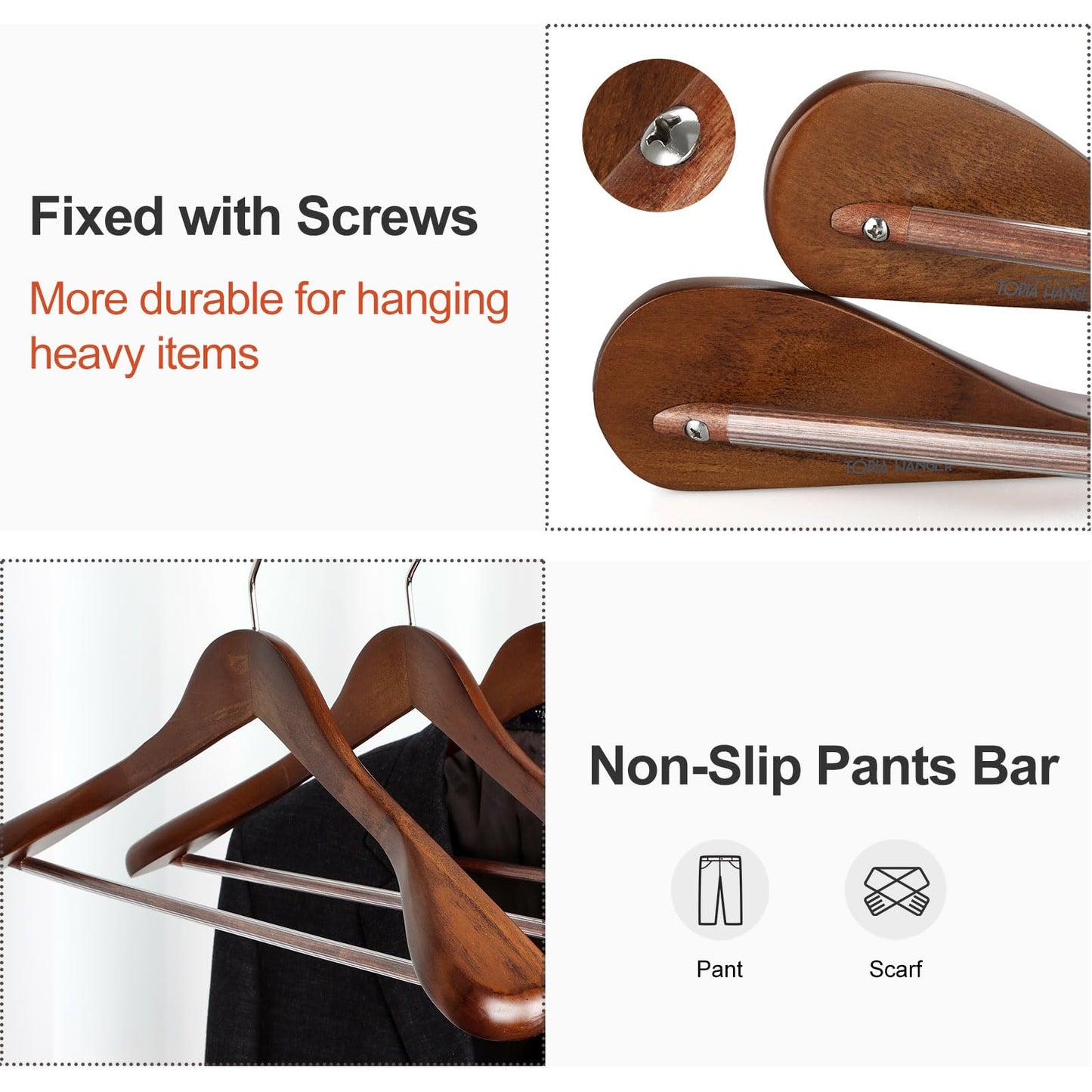 TOPIA HANGER Wide Shoulder Wooden Hangers, Suit Hangers with Non Slip Pants Bar & 360° Swivel Hook, Solid Wood Heavy Duty Coat Hanger, 10 Pack (Walnut)-CT02WA-10