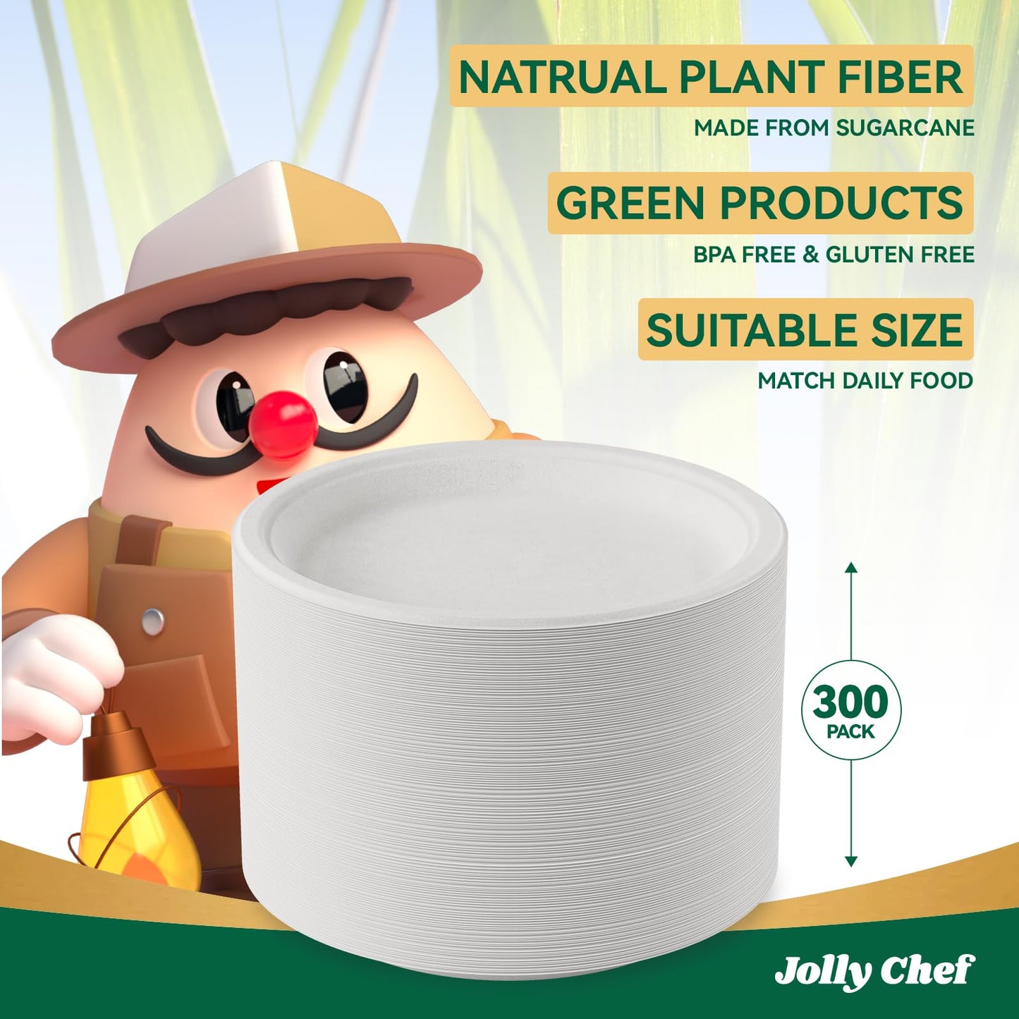 JOLLY CHEF Compostable Heavy Duty Plates 𝟭𝟬 𝗜𝗻𝗰𝗵 [𝟯𝟬𝟬 𝗣𝗮𝗰𝗸] Eco-Friendly Disposable White Uncoated Paper Plates Bagasse Sugarcane Biodegradable for Hot Cold Food Party Dinner Weddings