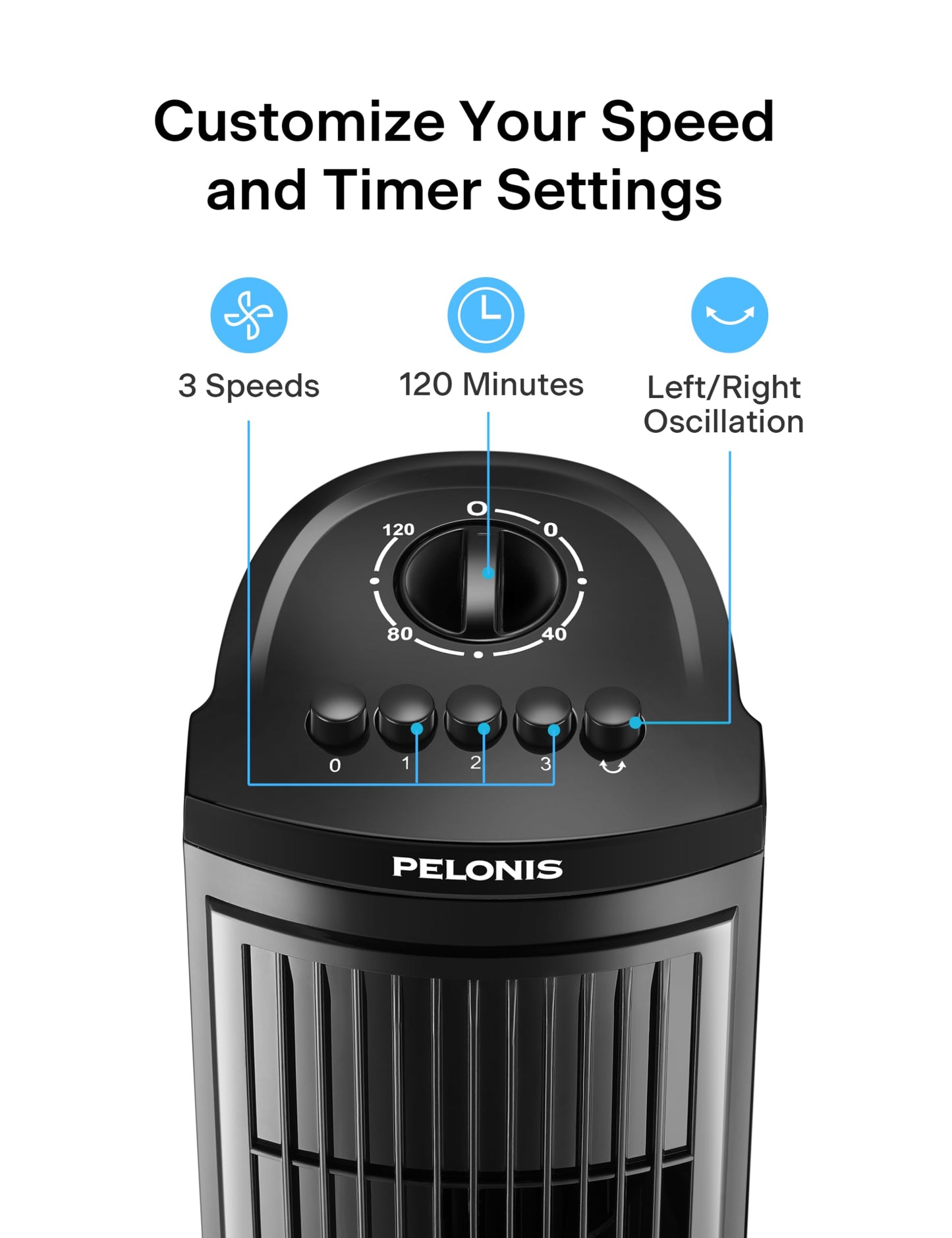PELONIS 30 Inch Tower Fan for Bedroom, Quiet Oscillating Standing Fan with 3 Speeds, Portable Cooling Fan for Home Office Dorm Room, Auto-off Timer, Black, PFT28A2BBB