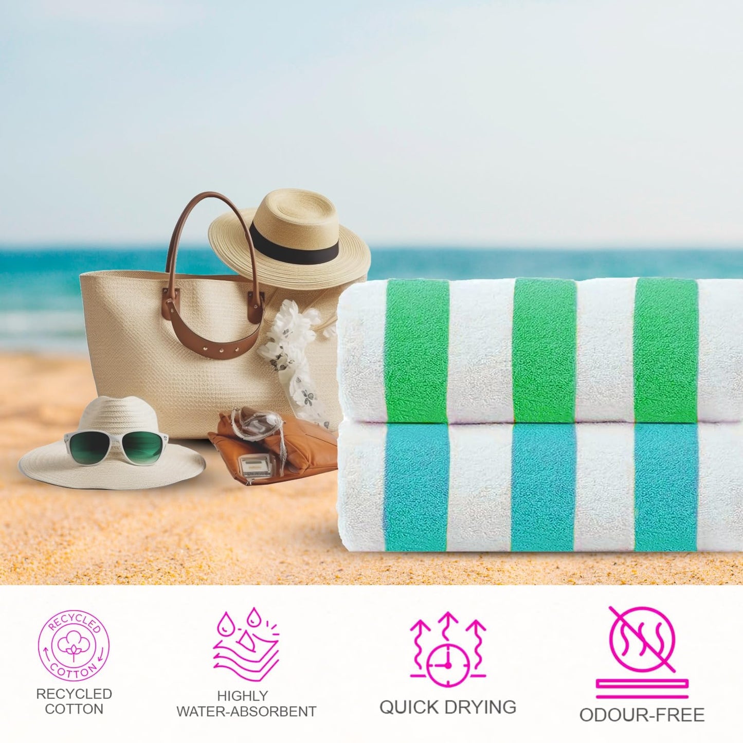 Casa Copenhagen Cabana Towel 4Pcs Teal,Blue,Pink,Green Designer Stripe Beach Towels Gift Set, 30"x60" Oversized 100%Cotton Pool Bath Towel for Beach Gift Set (Perfect Summer Gift Set For Women & Men)