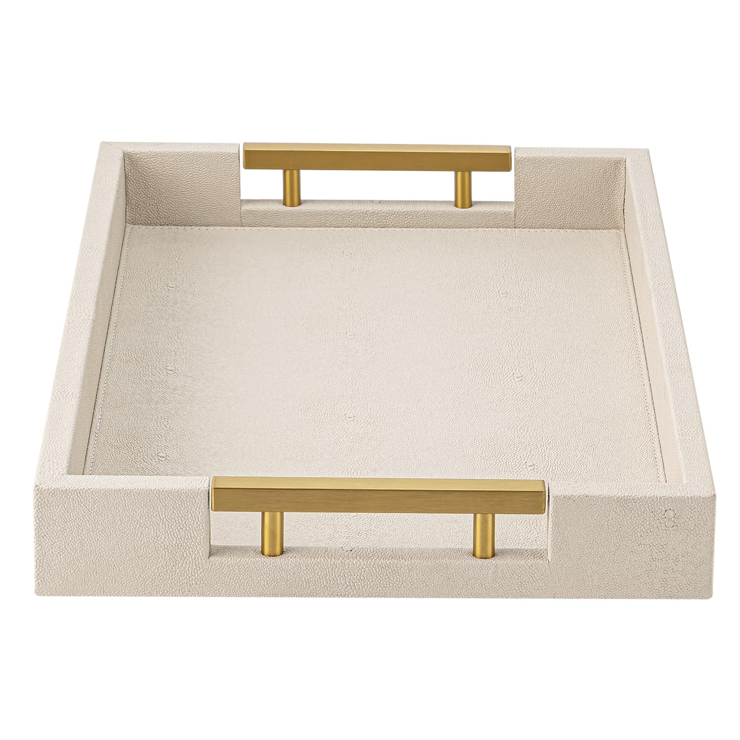Beige Faux Leather Serving Tray with Handles – Large Decorative Tray for Coffee Table, Ottoman, Living Room, Bathroom – Home Decor
