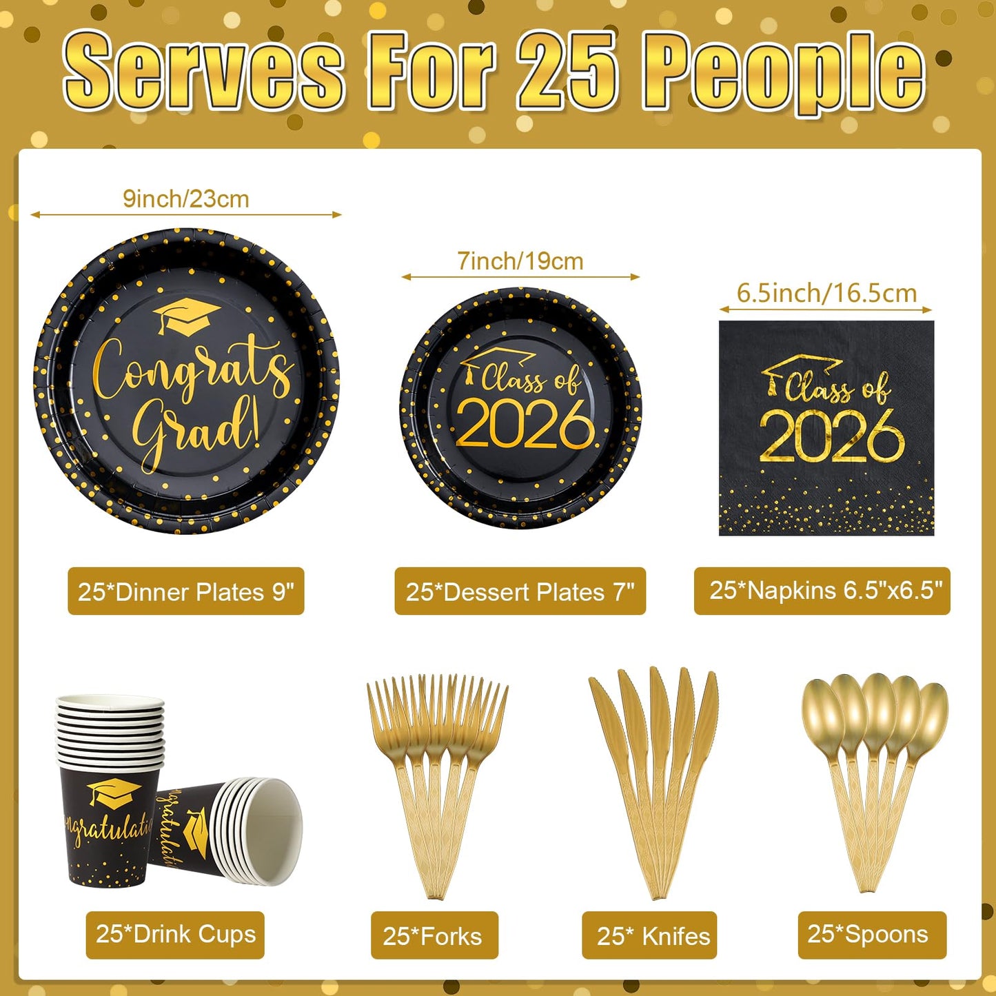 700pcs Class of 2026 Graduation Plates and Napkins Set, Disposable Paper Plate Set Polka Dots Napkins Cups Knife Fork Spoon for Graduation Party Decorations and Supplies,Serve 100 (Black Gold）