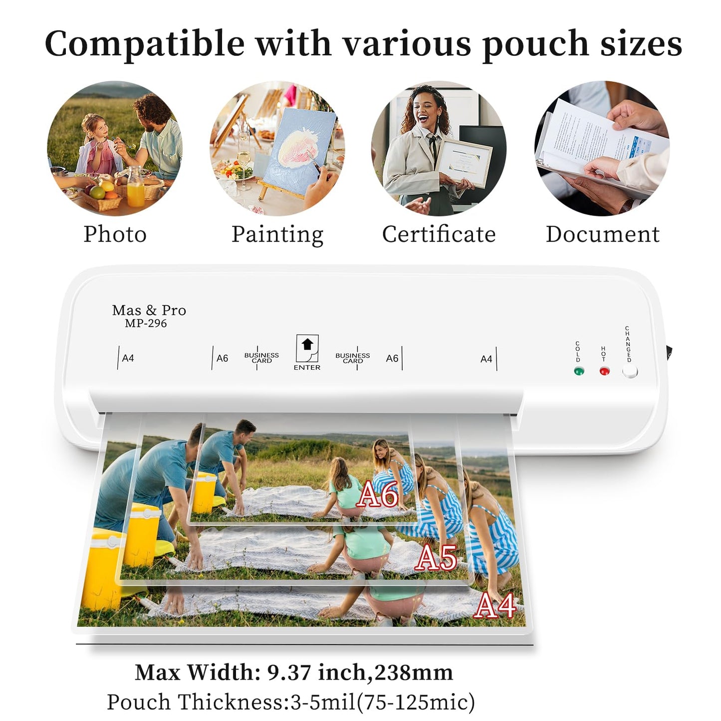 Mas & Pro Laminator Machine with 40 Laminating Sheets for Home/Office/Teachers, 9 Inch Durable Thermal Laminator for Letter/A4/Photos/Cards, Never Jam, 3mil & 5mil, White