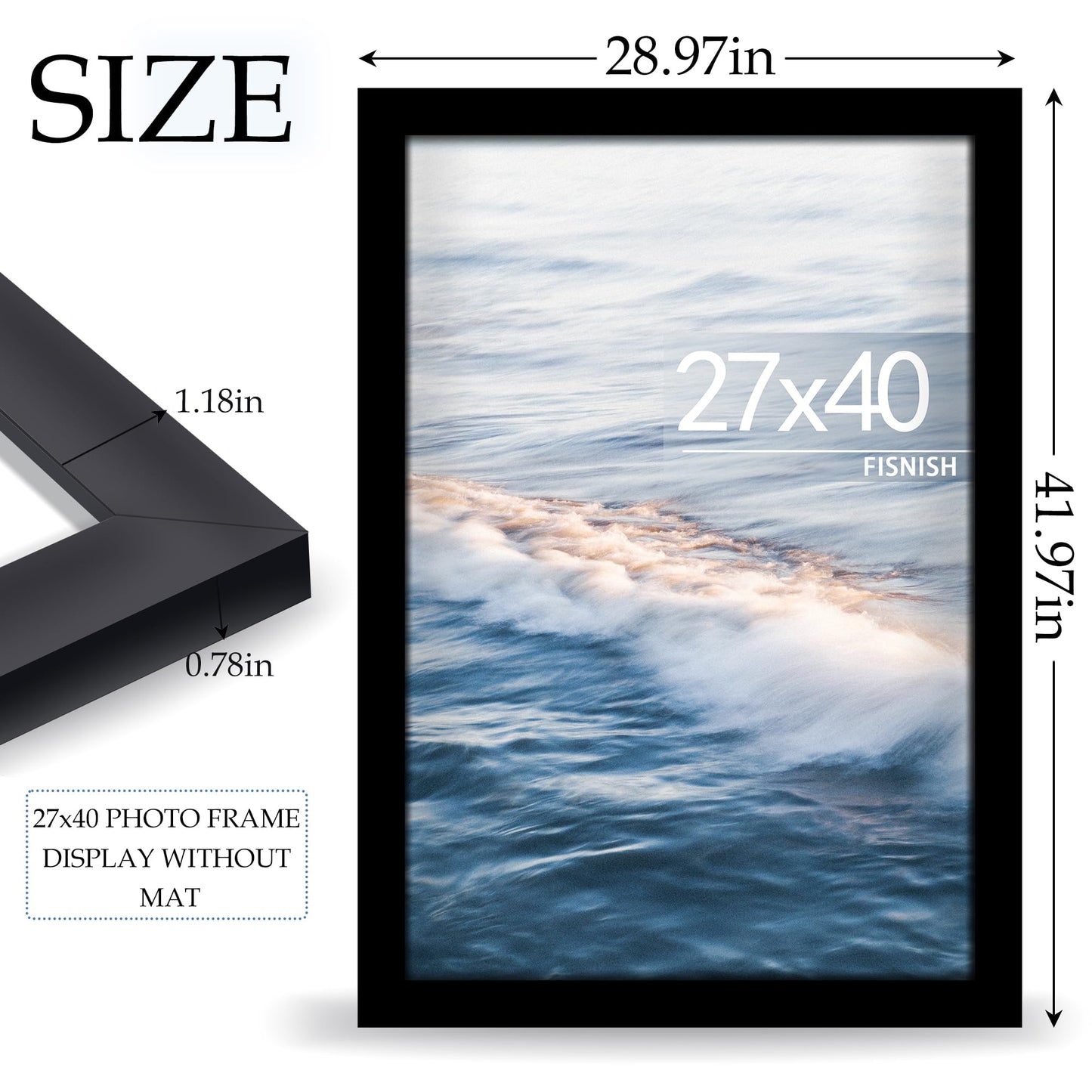 Fisnish 27x40 Poster Frame Black, 27x40 inch Movie Poster Frame with HD Plexiglass Durable and Scratch-proof for Horizontal or Vertical Wall Mounting, 1 Pack