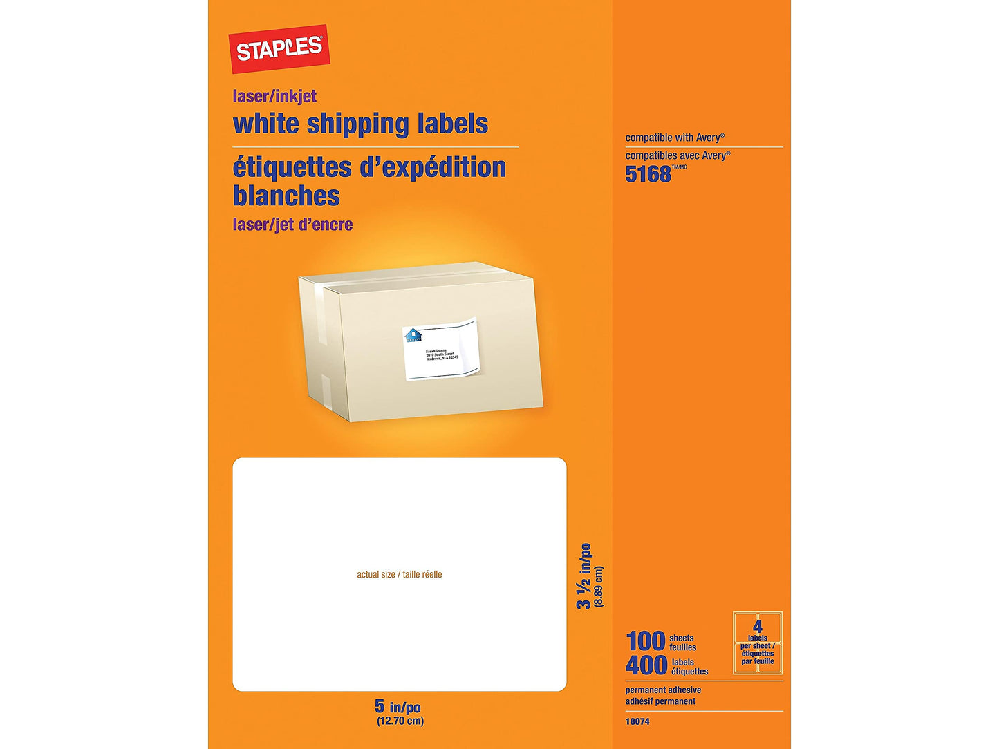Staples 3-1/2" x 5" Shipping Labels, Bright White – Printable Laser & Inkjet Labels for Packages and Mailing
