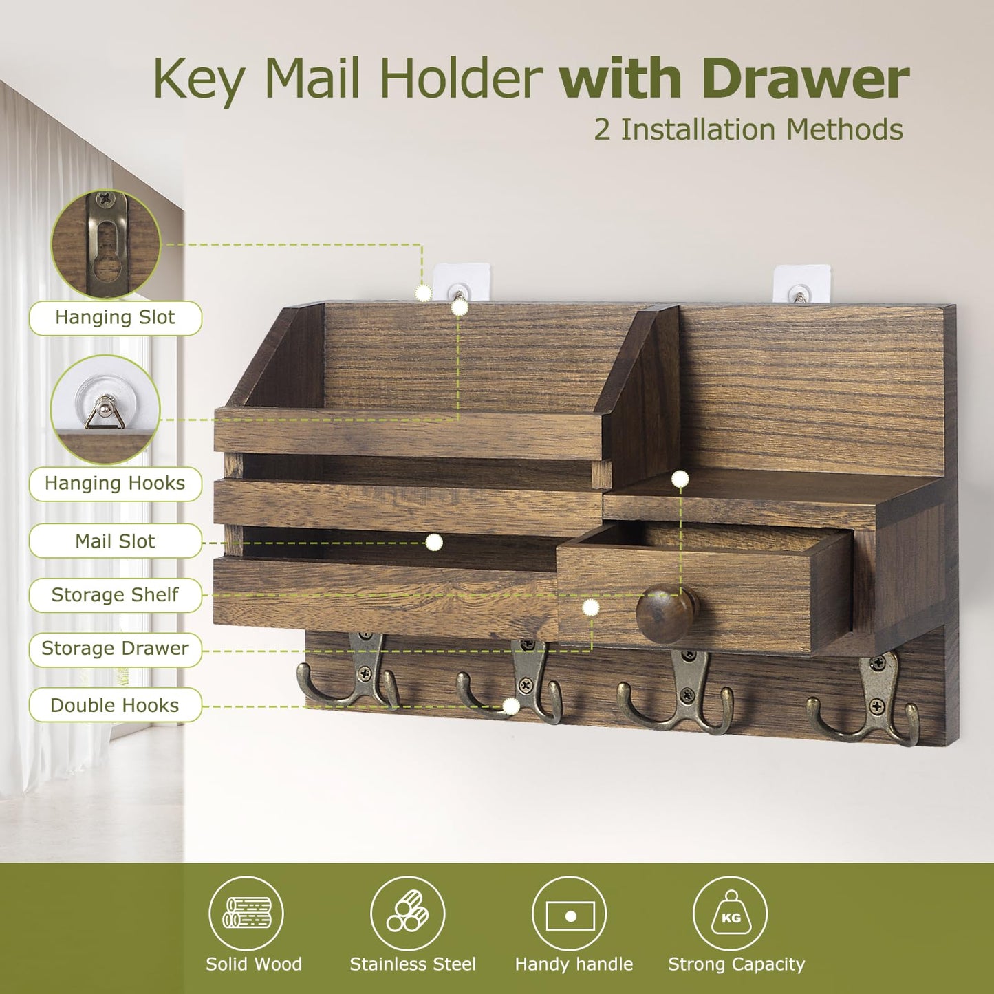 HOMEBROS Key Holder Wall Mount, Wooden Adhesive Mail and Key Organizer with Drawer, Small Shelf, 8 Hooks, 2 Installation Methods, Brown