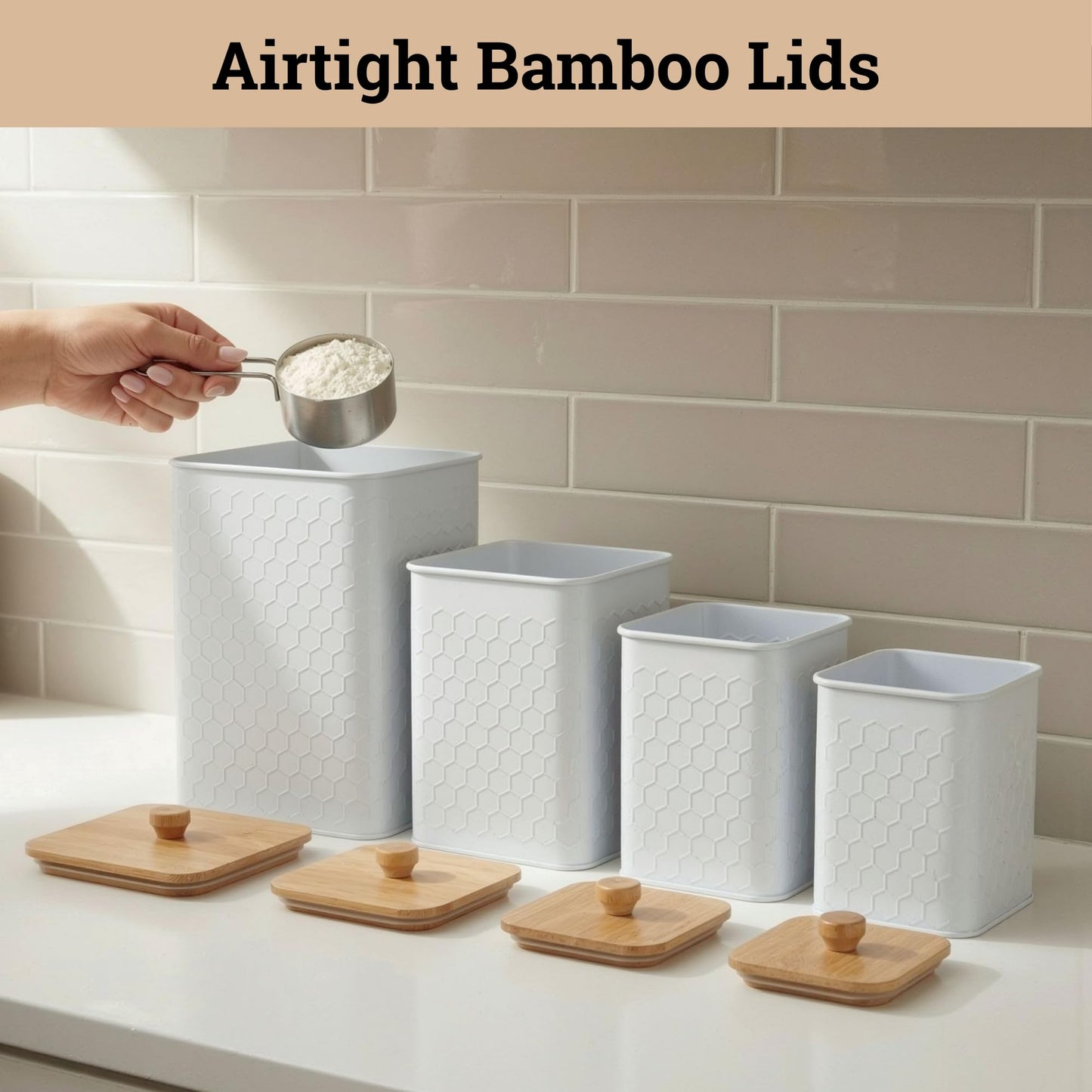 Kitchen Canisters for Countertop Set of 4 - Textured Iron Kitchen Canisters with Airtight Lids - Flour Sugar Canister Set - Flour and Sugar Containers Farmhouse - Coffee Jar for Counter - White Jar x4