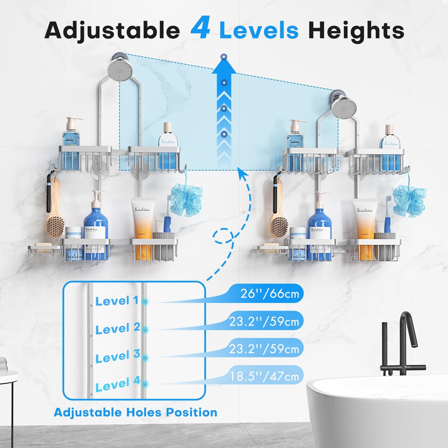 Sewulidon Aluminum Alloy Hanging Shower Caddy for Handheld Shower Heads,Rustproof Hose Shower Organizer 4 Levels Height Adjustable Shower Rack with Hooks,Razor Holder,Soap Holder