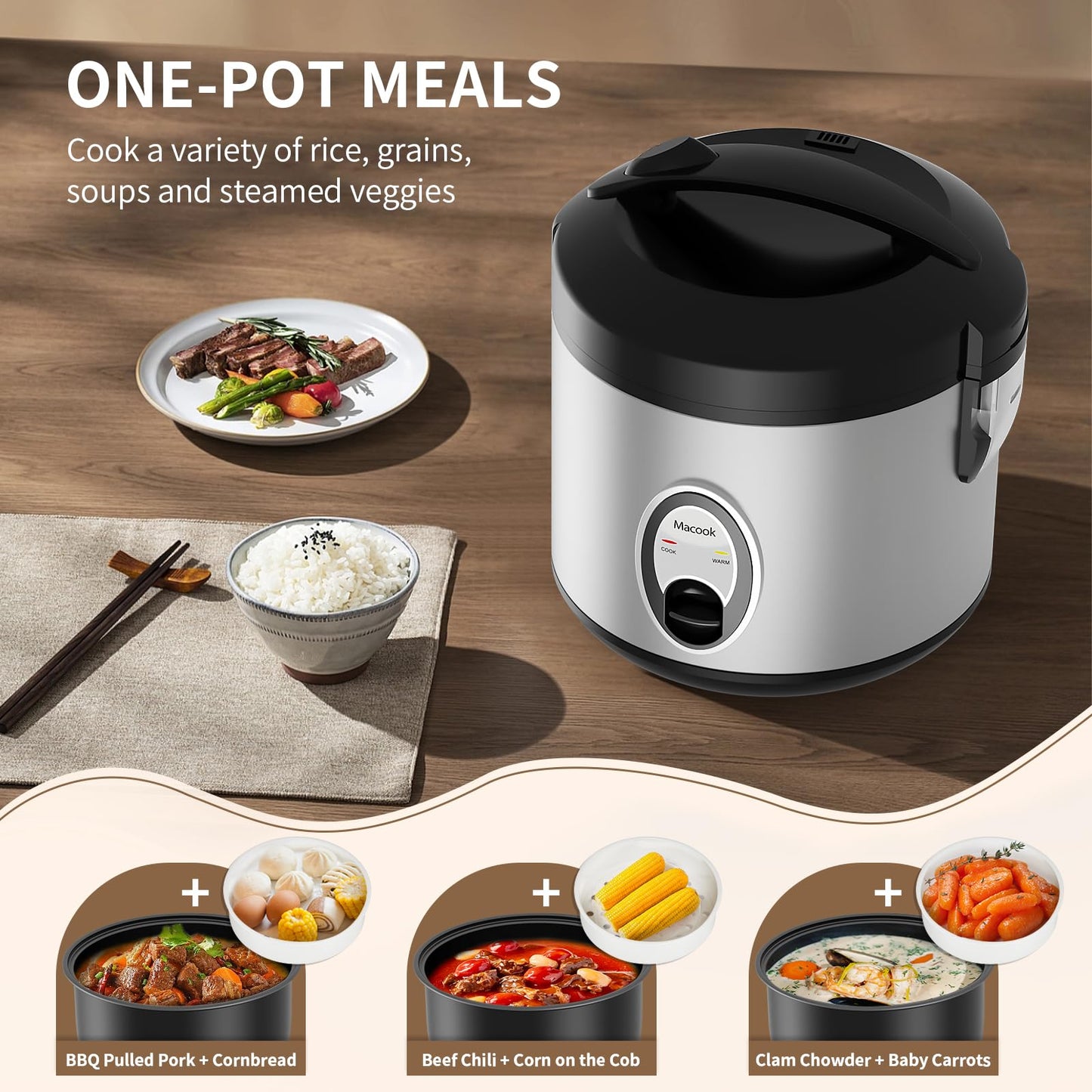 Macook Stainless Steel Rice Cooker with Steamer, 4-Cup Uncooked (1.0L)/8-Cup Cooked, Electric Grain & Vegetable Cooker, Auto Keep Warm for Oatmeal, Soups & Multicooking