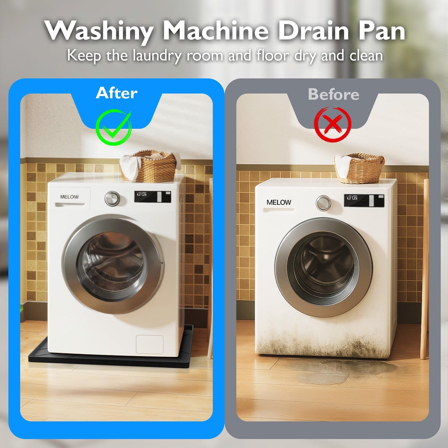 Washing Machine Drain Pan Silicone Mat,Extra Thick 26.5x26.5inch Non-Slip Waterproof Washer Tray,Raised Edge Drip Mat for Under Dryer or Washer,Anti-Vibration,Floor Leak Protector for Laundry Room
