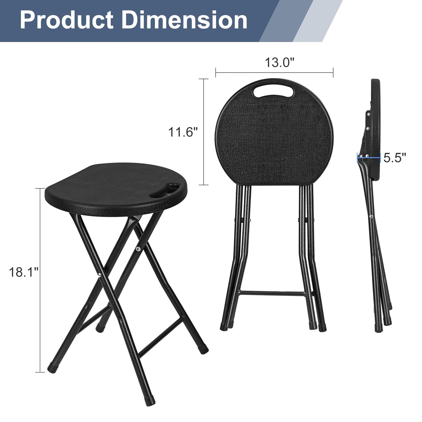 VECELO Folding Stool 18" with Handle, Solid Bottom Support, Iron X-Frame, 500 lbs Capacity, Anti-Slip Feet, Easy Clean, Lightweight Foldable Stool for Camping, Kitchen, Vanity and Outdoor, Black