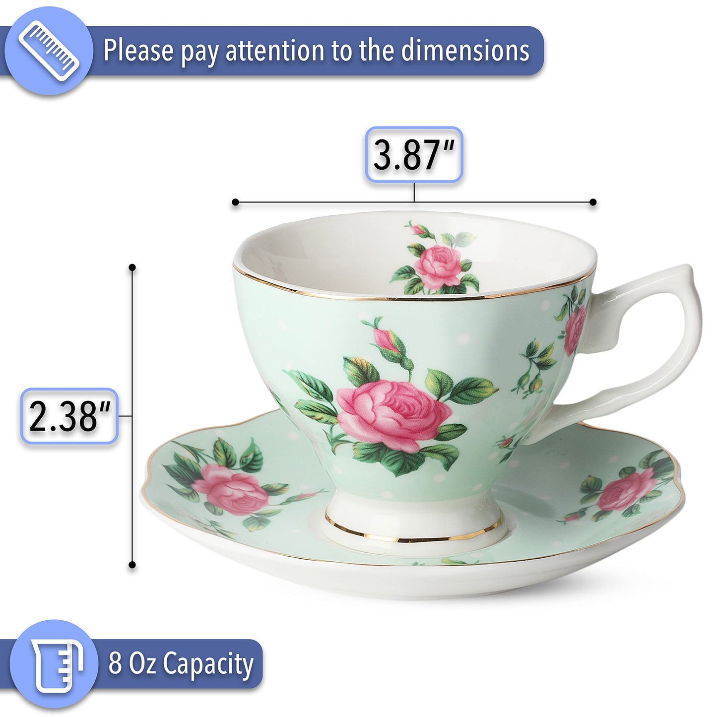 BTaT- Floral Tea Cups and Saucers, Set of 8, 8 oz, Fine Porcelain Teacup Set with Gold Trim for Afternoon Tea, Weddings, Parties & Gifting, Dishwasher Safe, Lightweight, Non-Toxic