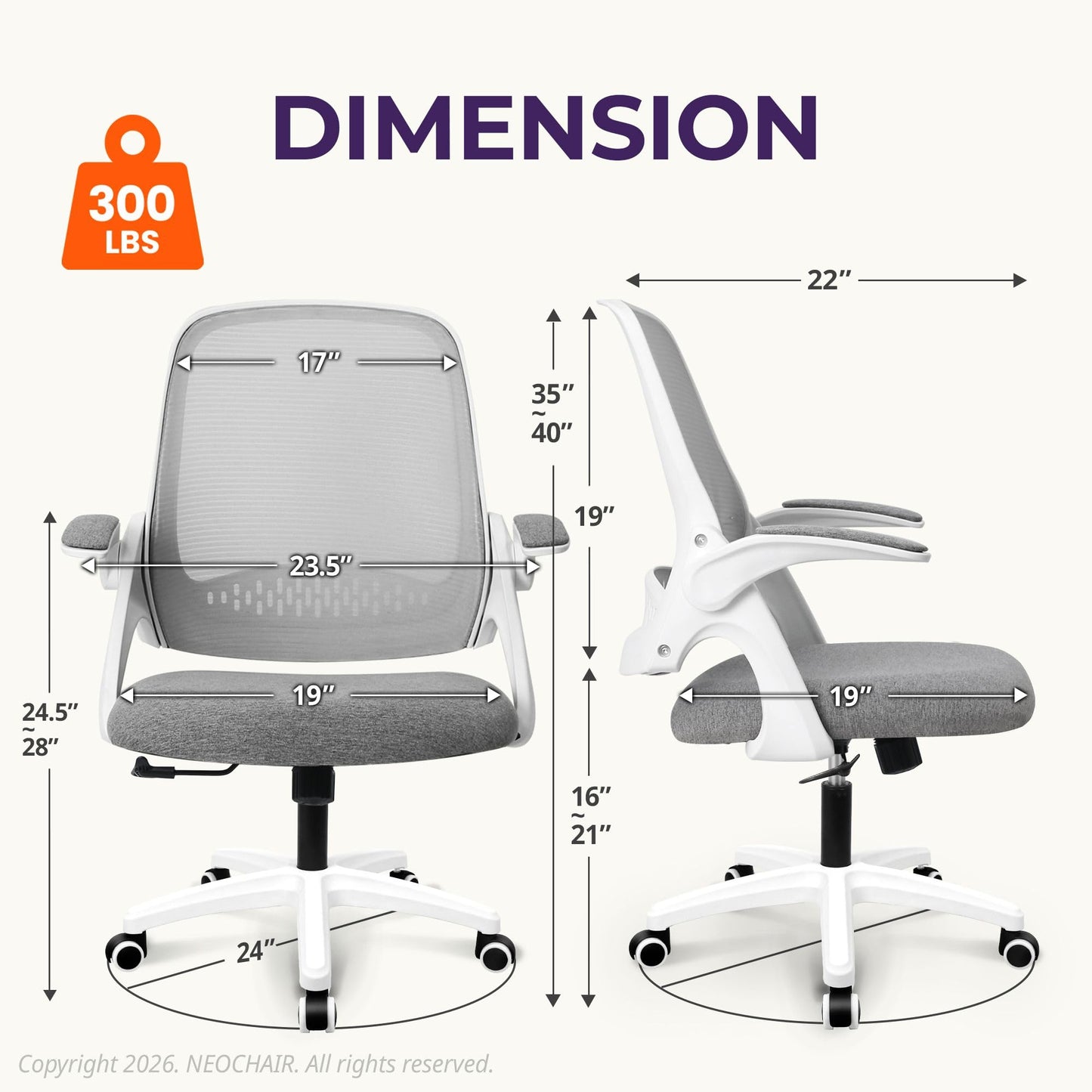 NEO CHAIR Office Desk Gaming Ergonomic Computer Chair with Lumbar Back Support Adjustable Height Swivel Rolling Wheels Flip-up Arms Mesh Chair for Home Vanity (Grey)